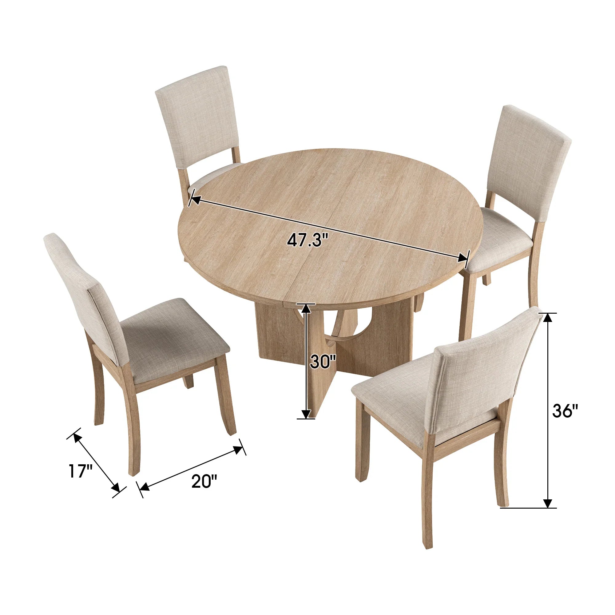Juego de mesa de comedor de 5 piezas de madera maciza de caucho de 48" de ancho con respaldo de silla en forma de diamante