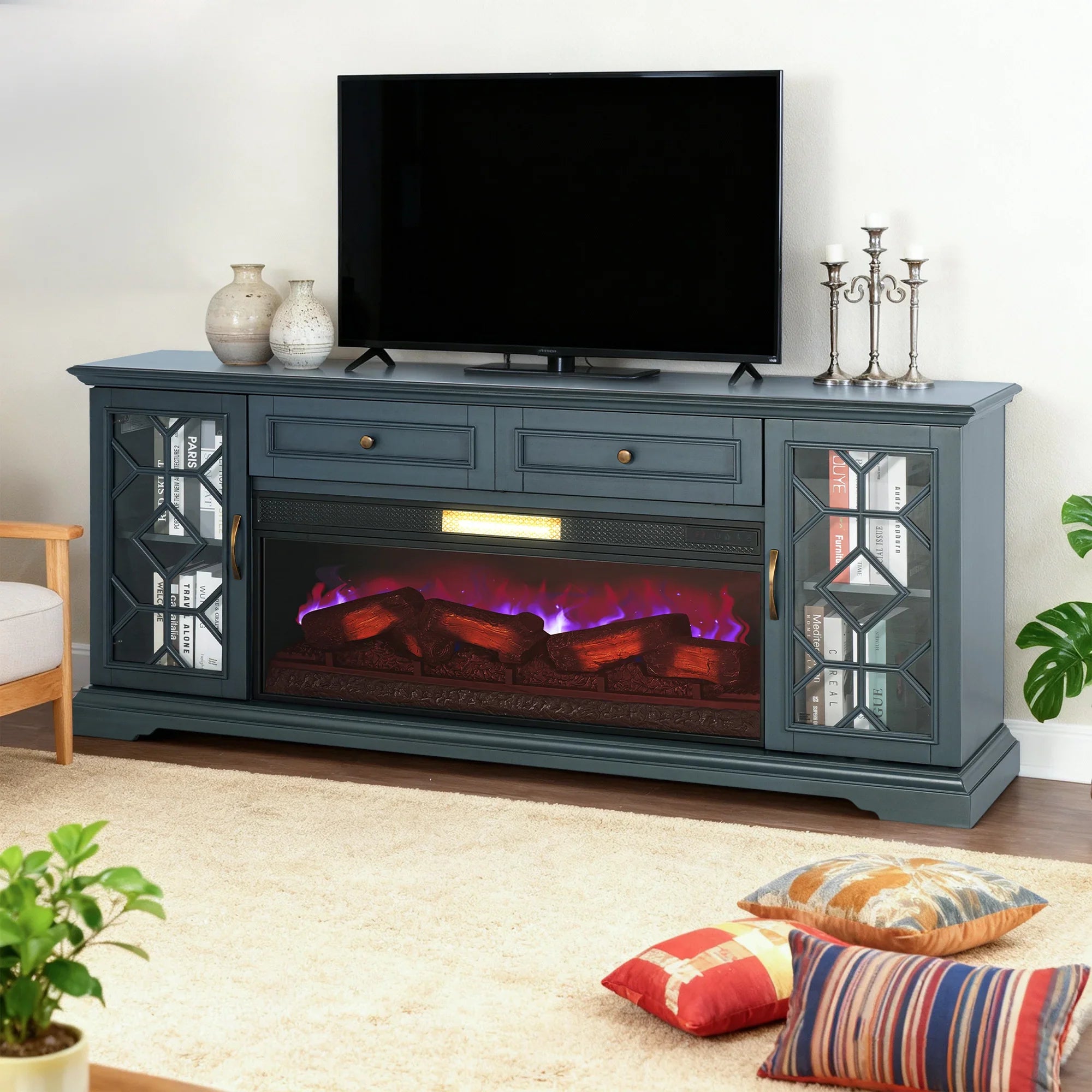 74 Inch Console TV Stand Storage Cabinets with Electric Fireplace for Living Room