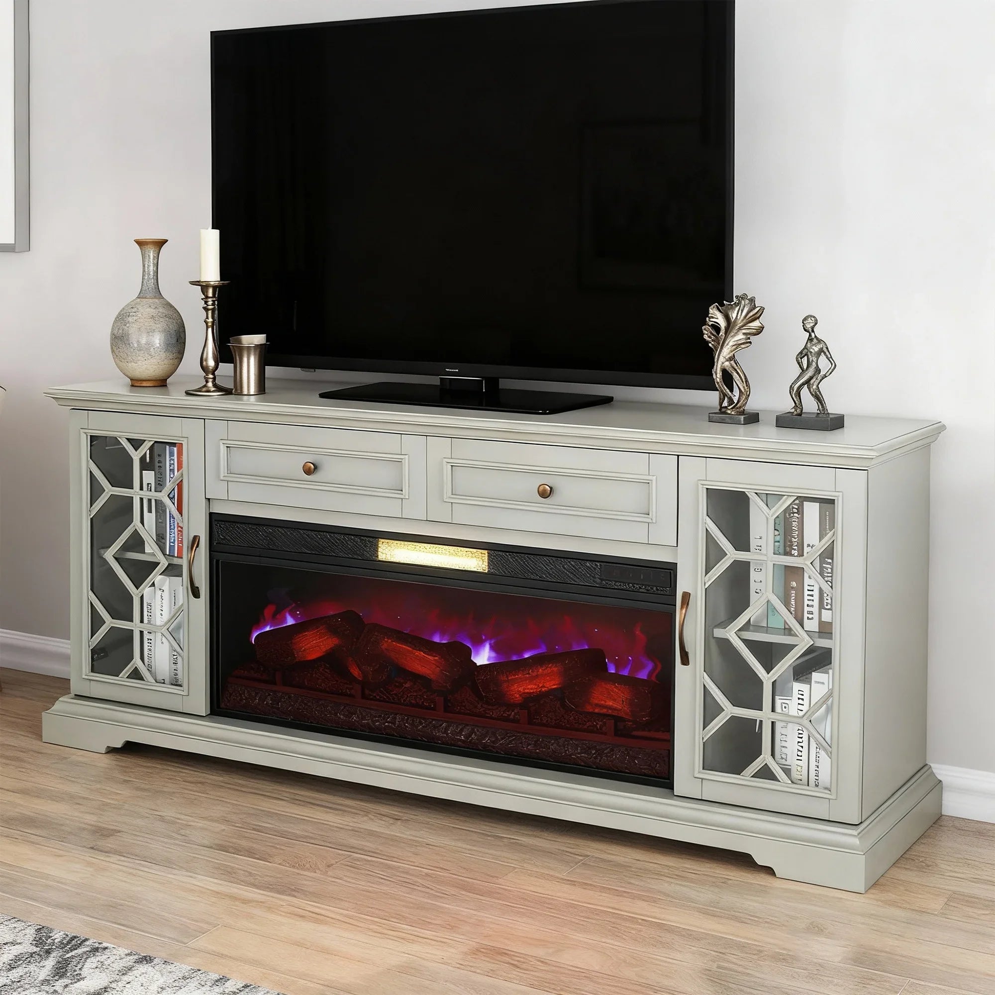 74 Inch Console TV Stand Storage Cabinets with Electric Fireplace for Living Room
