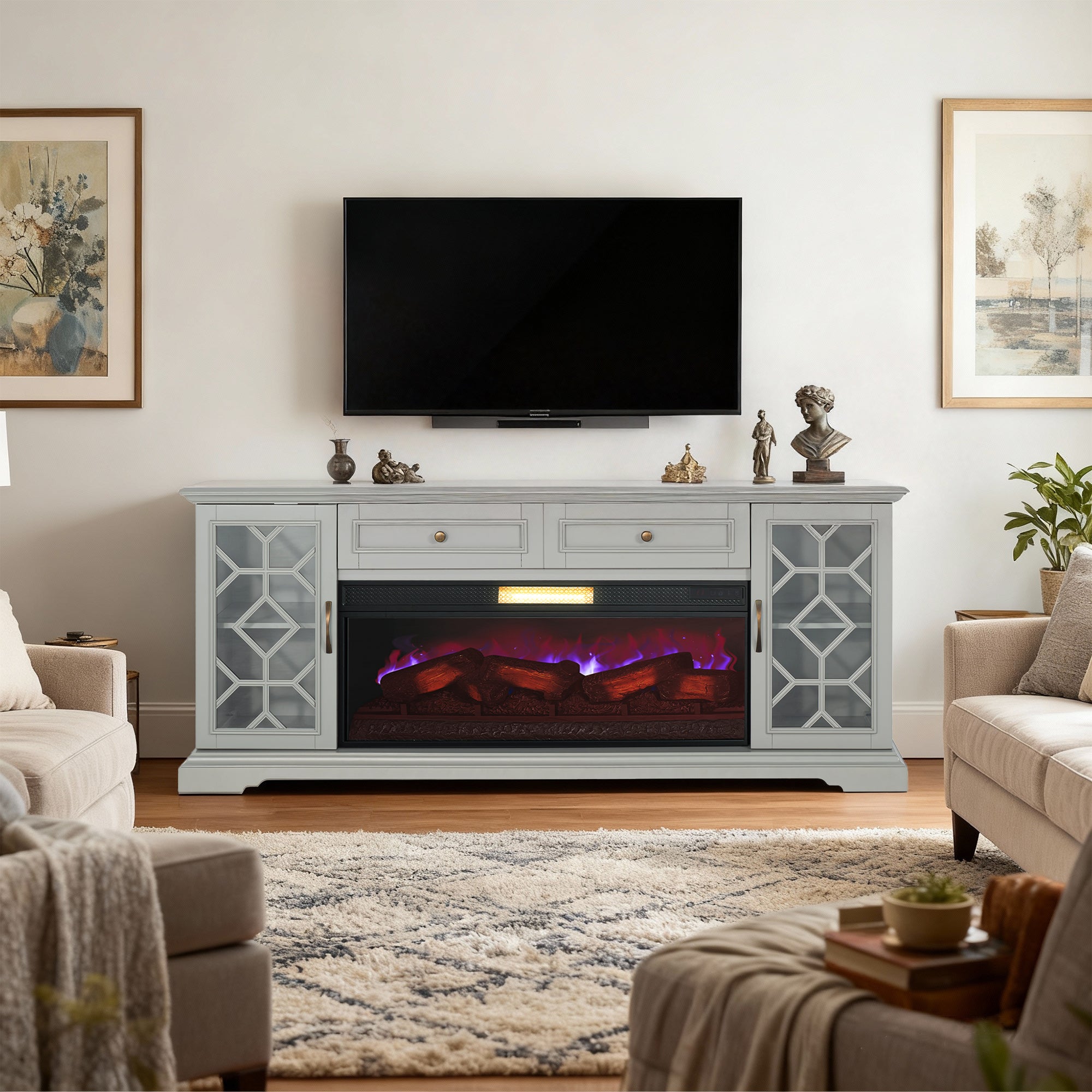 Mueble de TV rústico de 58" con chimenea eléctrica de 18" para sala de estar