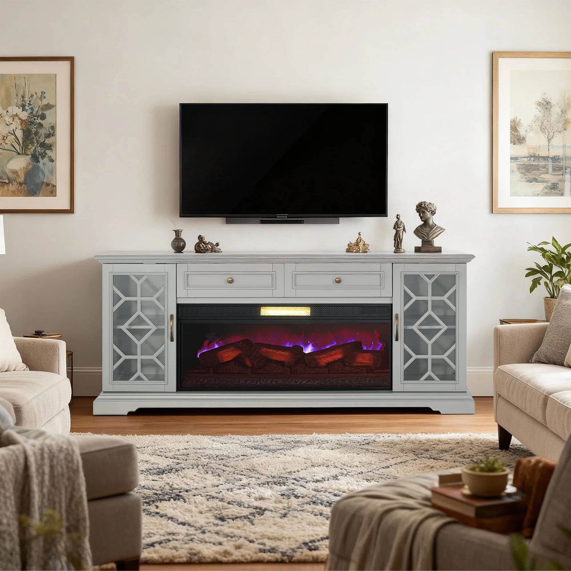 74 Inch Console TV Stand Storage Cabinets with Electric Fireplace for Living Room