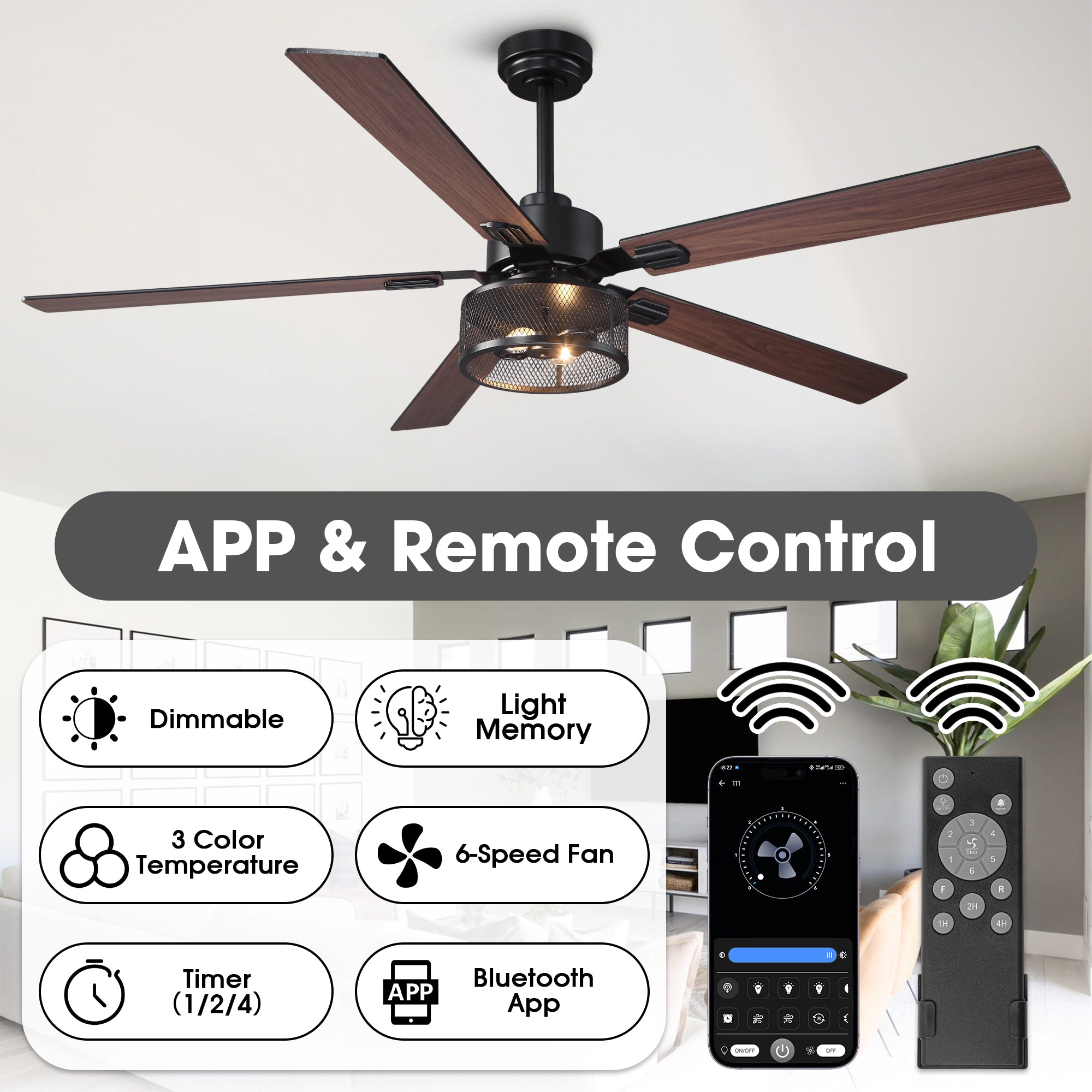 Vaczon 42 Inch 52 Inch 60 Inch Eden Downrod Mount Ceiling Fan with Light and APP & Remote Control