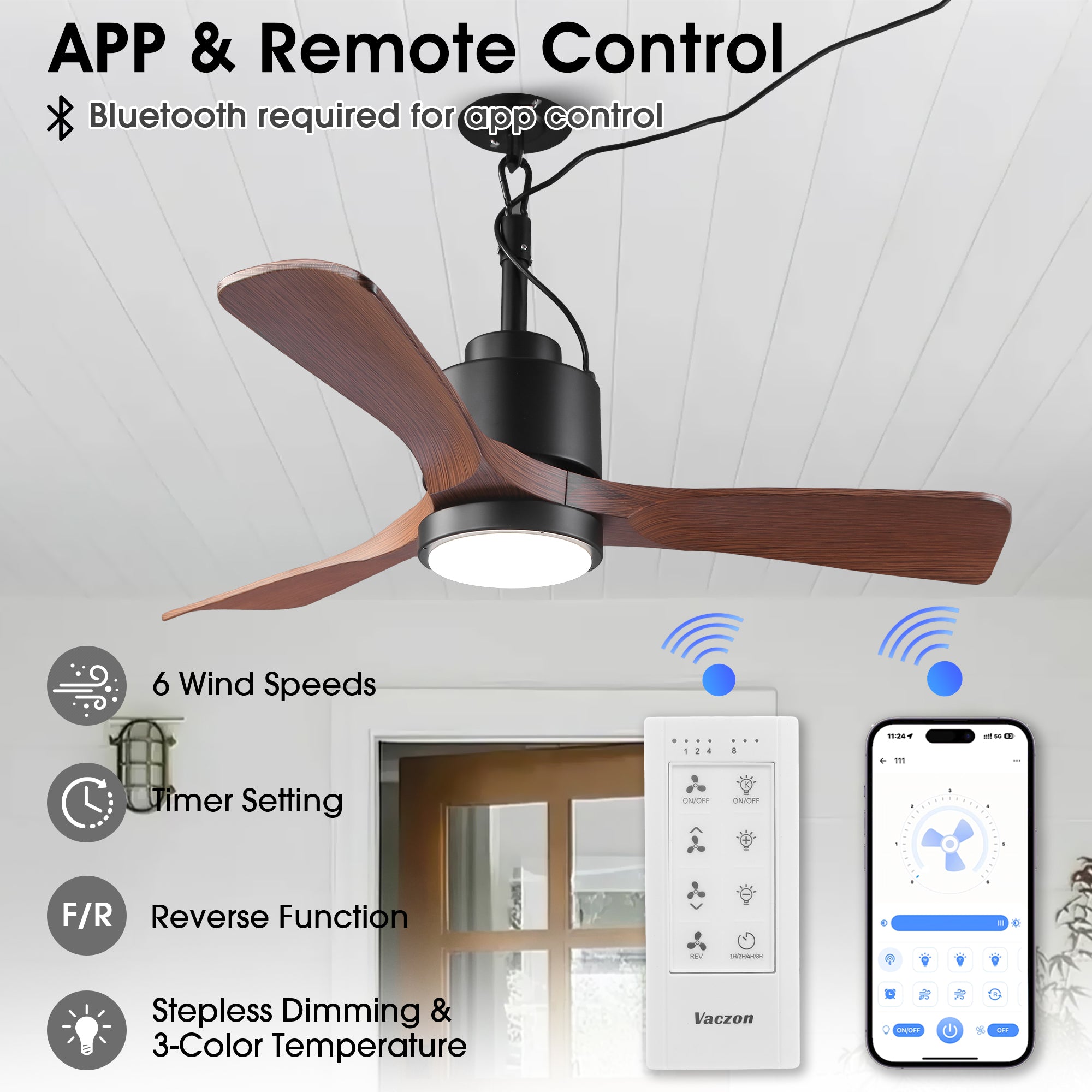 Vaczon 42 Inch IP54 Outdoor Hanging Buckle Downrod LED Fan with APP & Remote Control