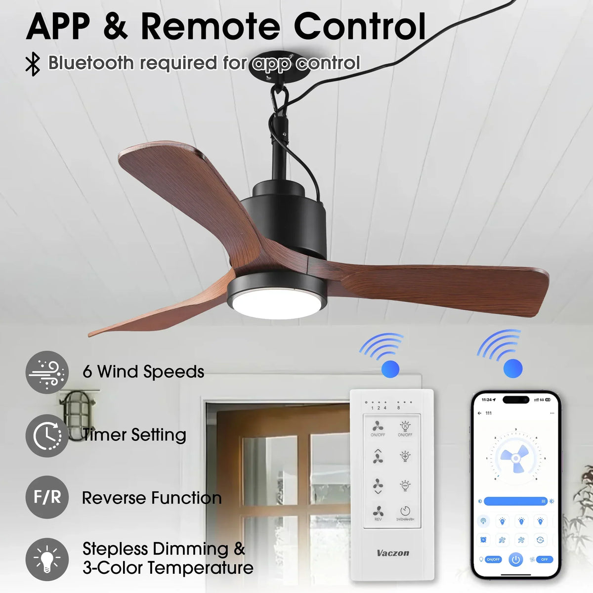 Vaczon 42 Inch IP54 Outdoor Hanging Buckle Downrod LED Fan with APP & Remote Control