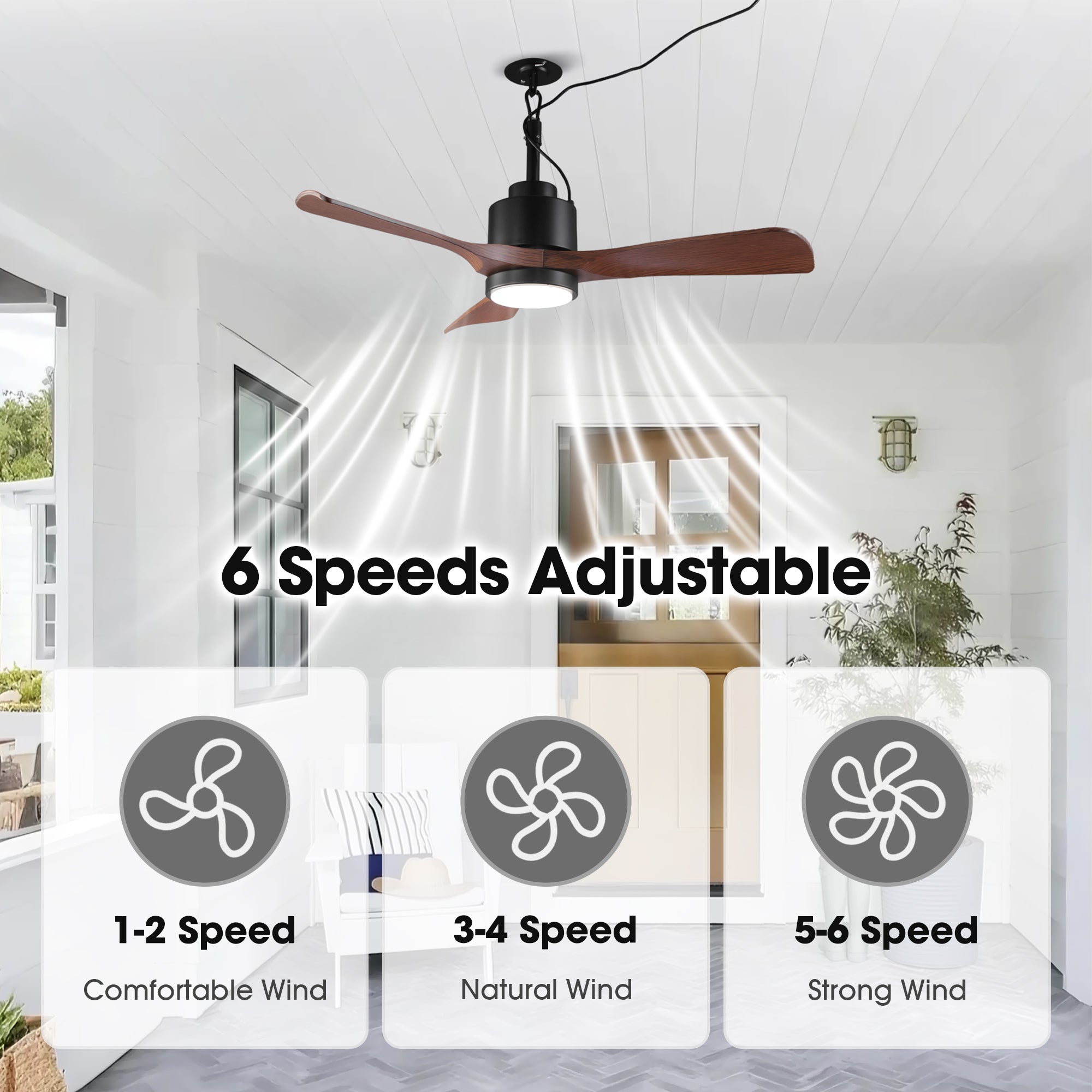 Vaczon 42 Inch IP54 Outdoor Hanging Buckle Downrod LED Fan with APP & Remote Control