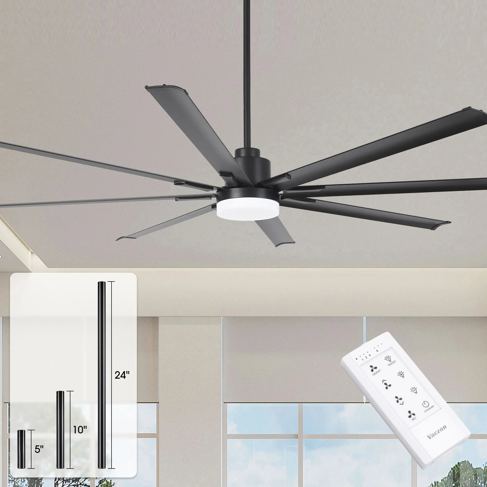 Vaczon 84 Inch 100 Inch Black HVLS Fan LED Large Ceiling Fan with Remote Control