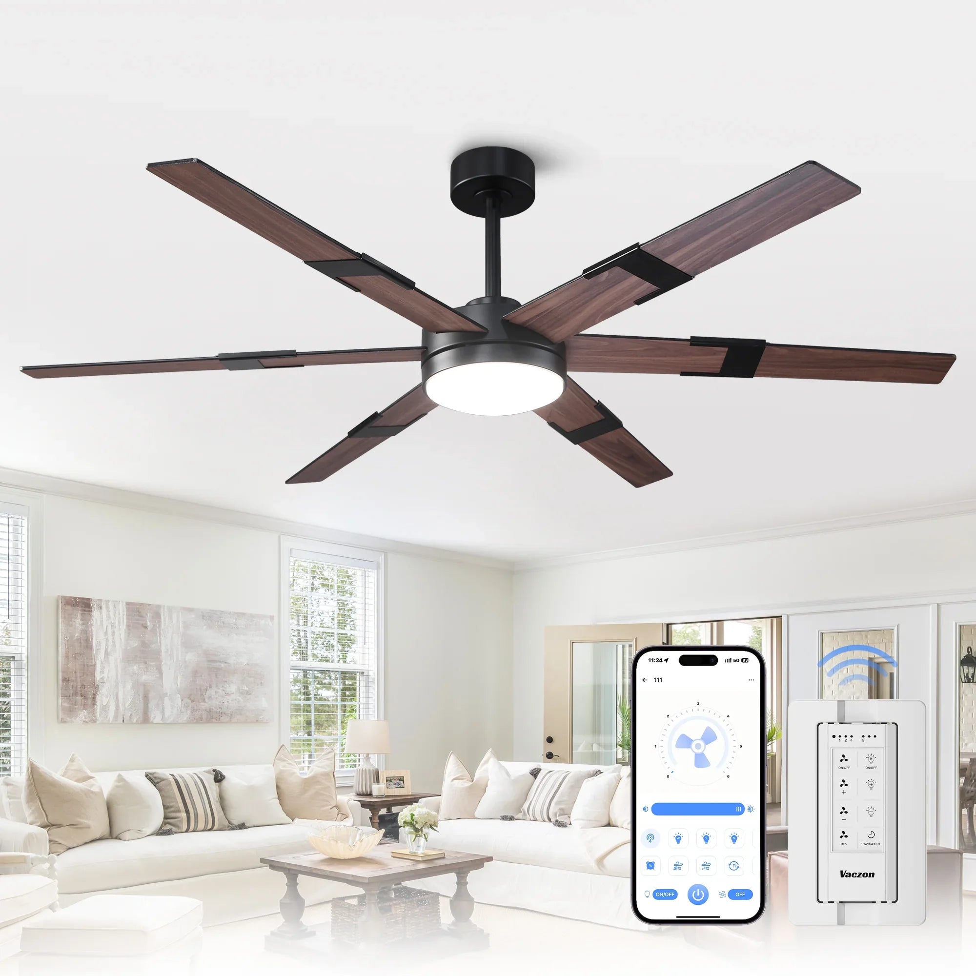 Vaczon 60 Inch Industrial Double-sided Blades LED Ceiling Fan with APP & Remote Control