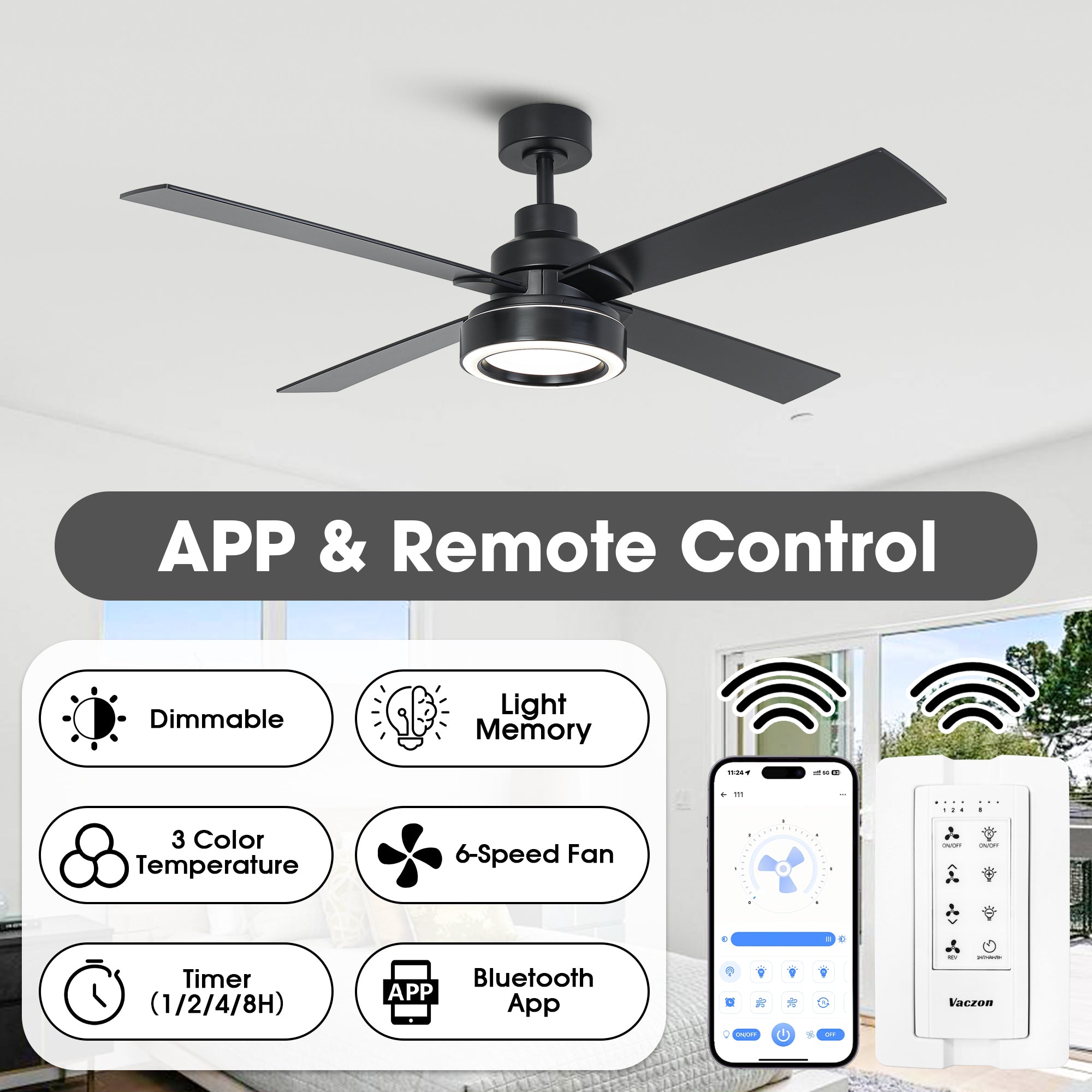 Vaczon 52 Inch 60 Inch Karen Double-sided Blades Smart Fan with LED Light