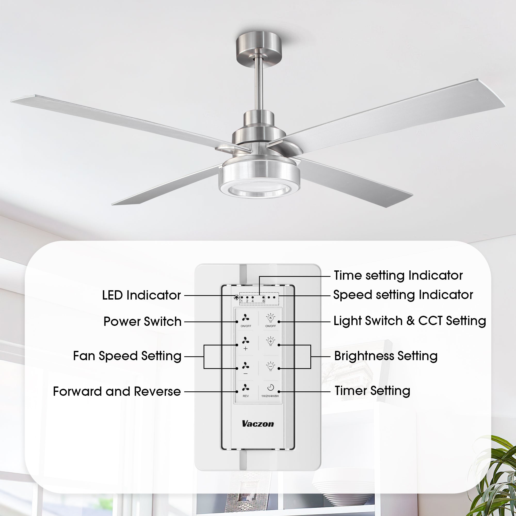 Vaczon 52 Inch 60 Inch Karen Double-sided Blades Smart Fan with LED Light