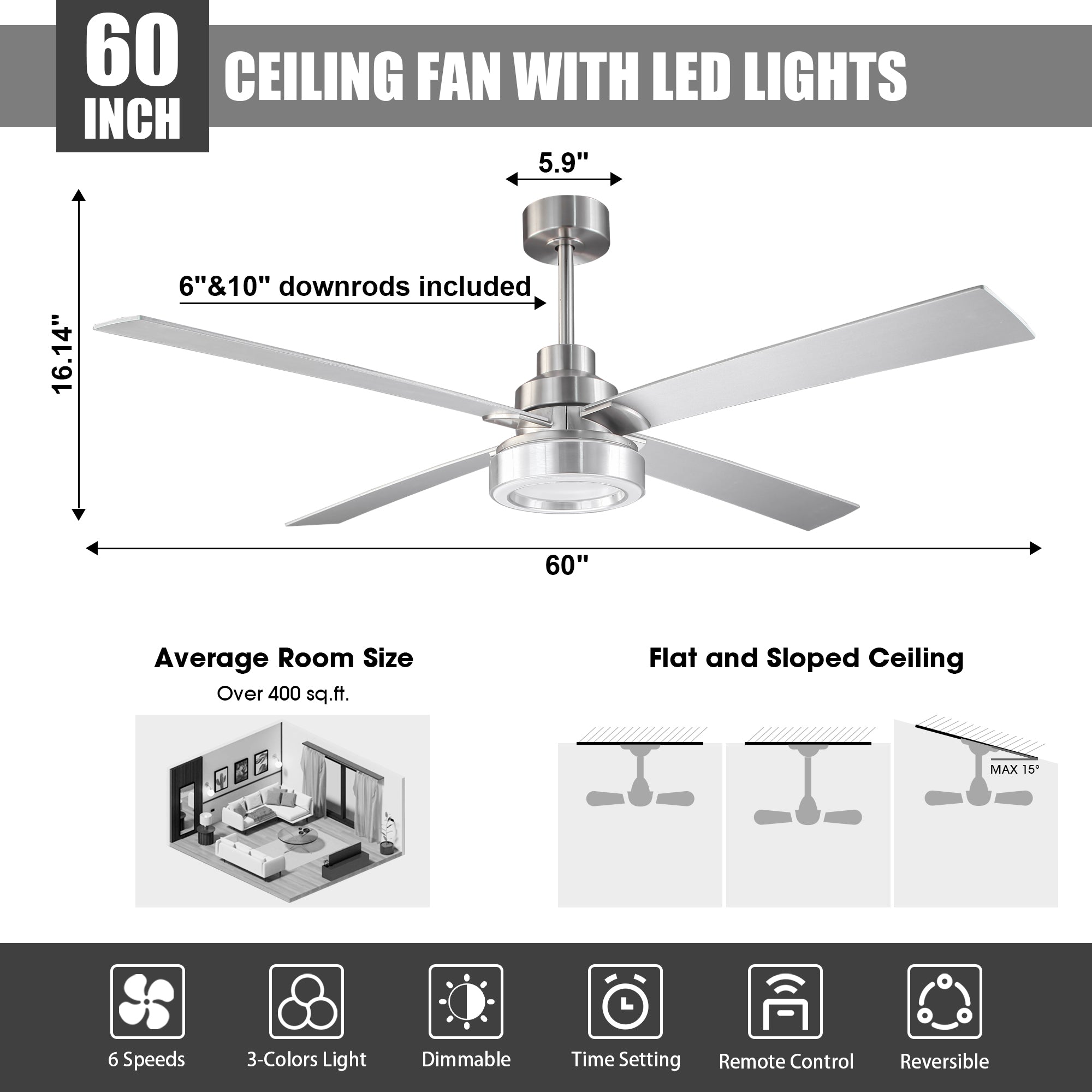 Vaczon 52 Inch 60 Inch Karen Double-sided Blades Smart Fan with LED Light