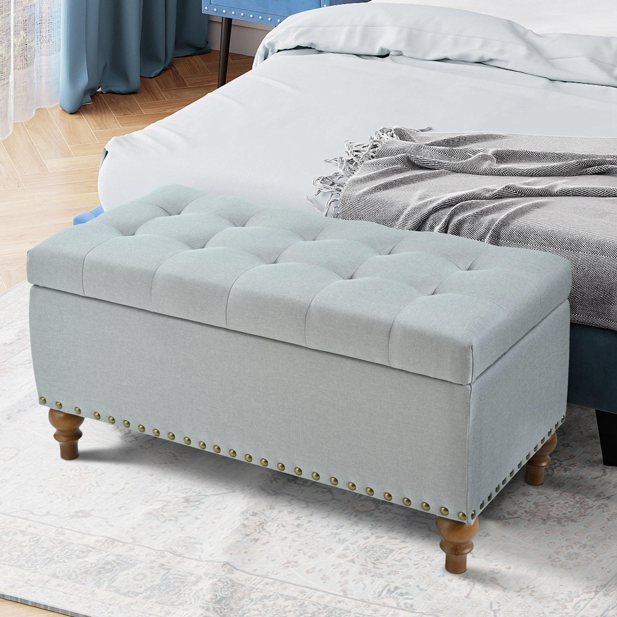 36" Ottoman Storage Bench with Recessed Support Hinge Top for Easy Opening, Rivet Trim Around, Linen
