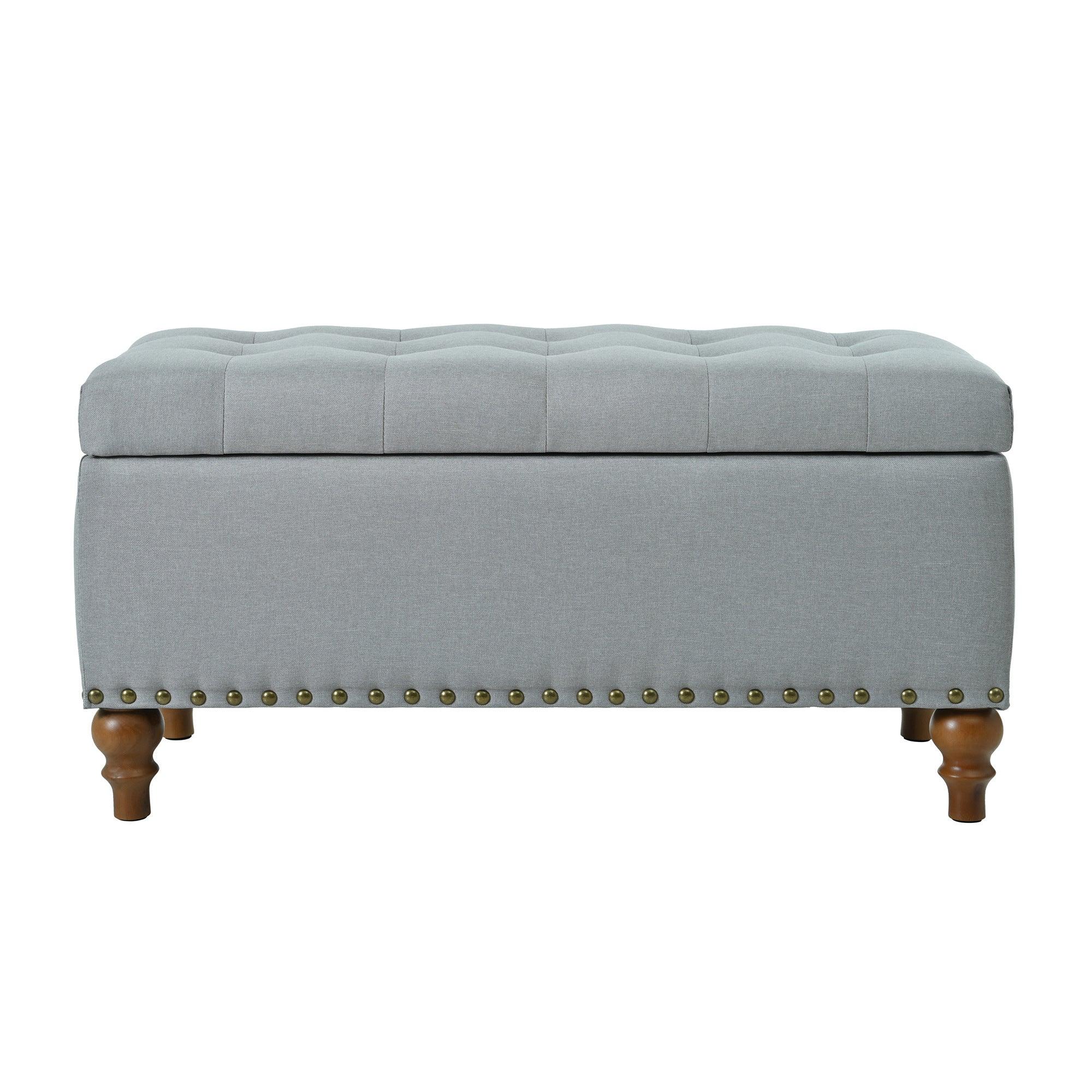 36" Ottoman Storage Bench with Recessed Support Hinge Top for Easy Opening, Rivet Trim Around, Linen