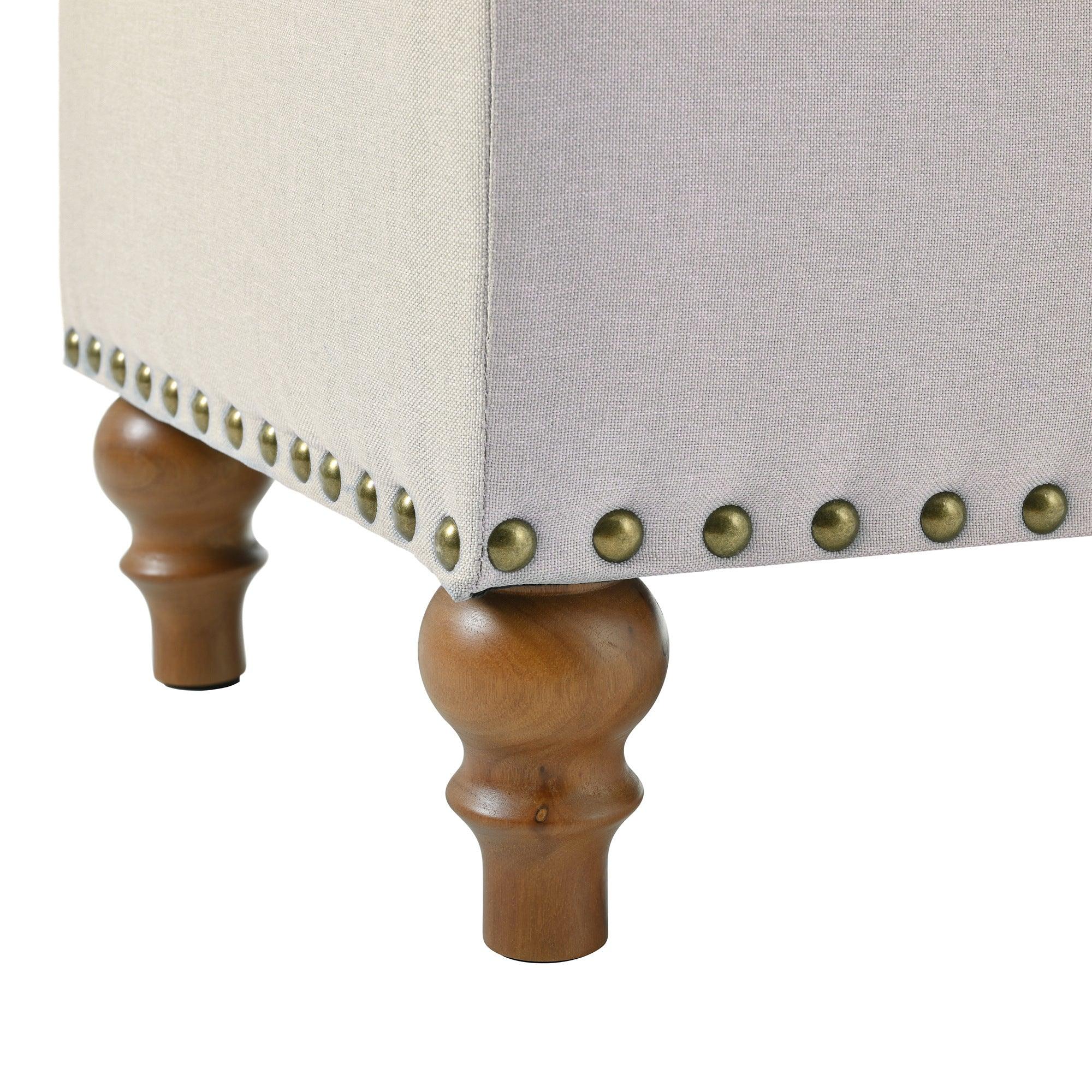 36" Ottoman Storage Bench with Recessed Support Hinge Top for Easy Opening, Rivet Trim Around, Linen