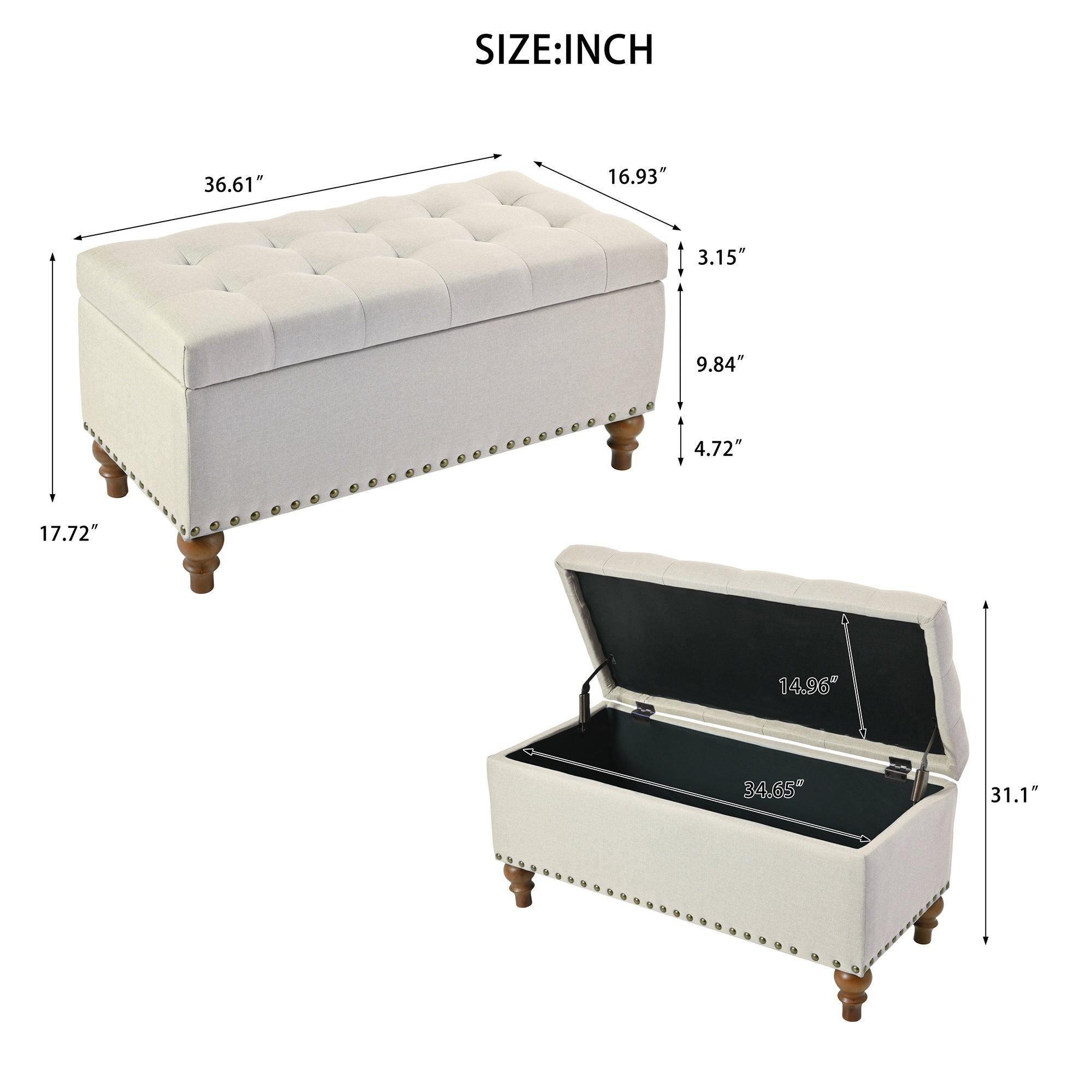 36" Ottoman Storage Bench with Recessed Support Hinge Top for Easy Opening, Rivet Trim Around, Linen