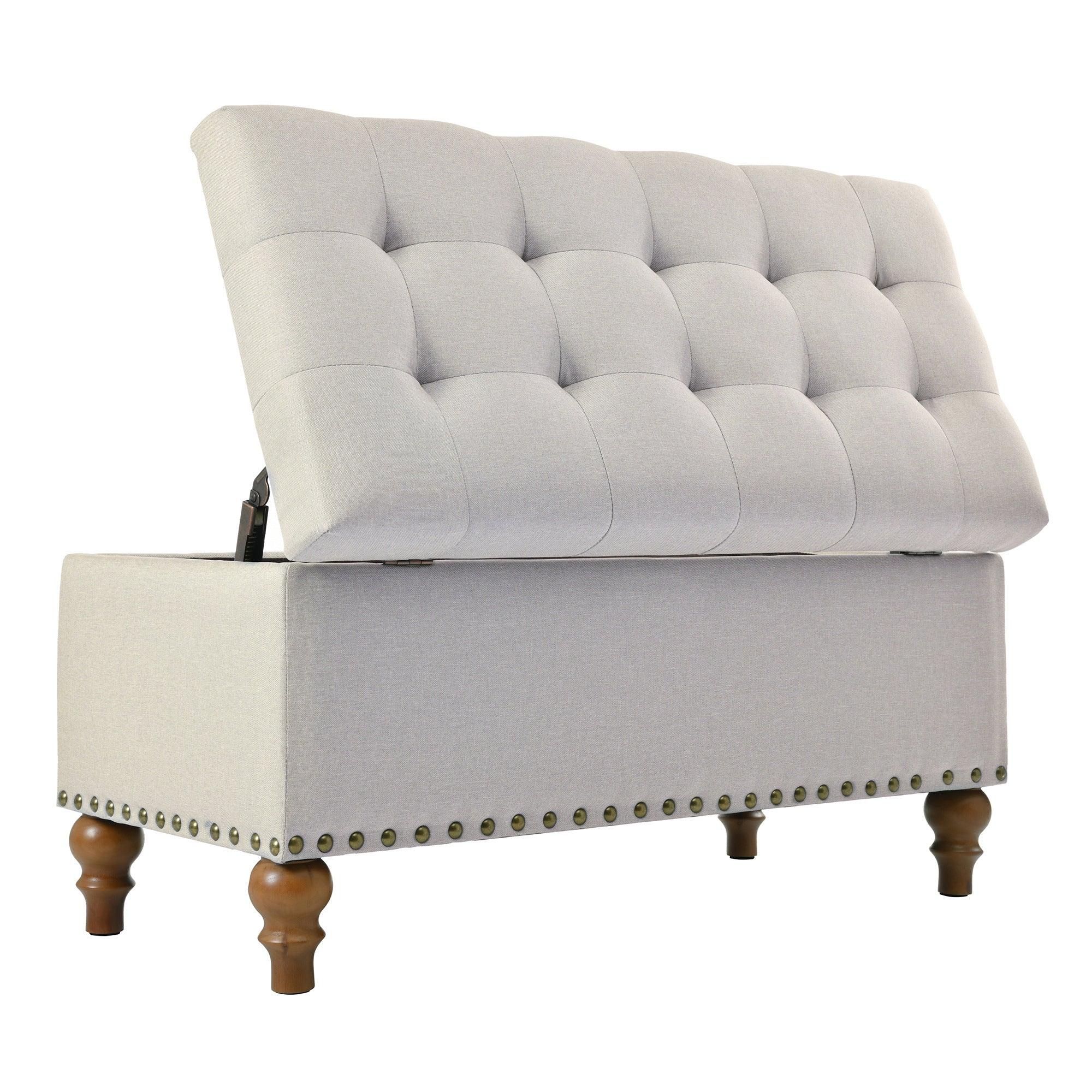 36" Ottoman Storage Bench with Recessed Support Hinge Top for Easy Opening, Rivet Trim Around, Linen