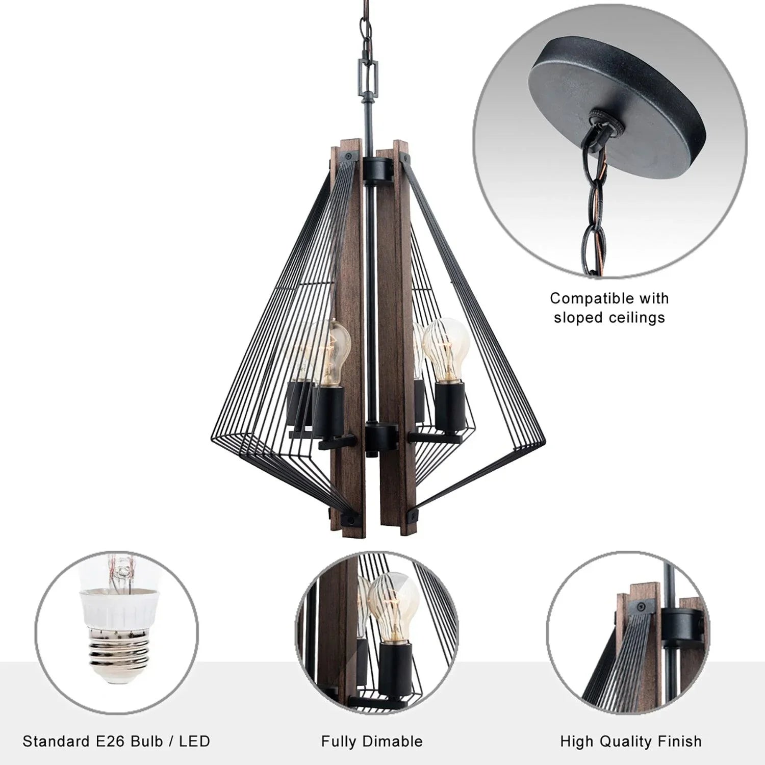 Zenith 4-Light Black & Wood Dimmable Island Pendant Light