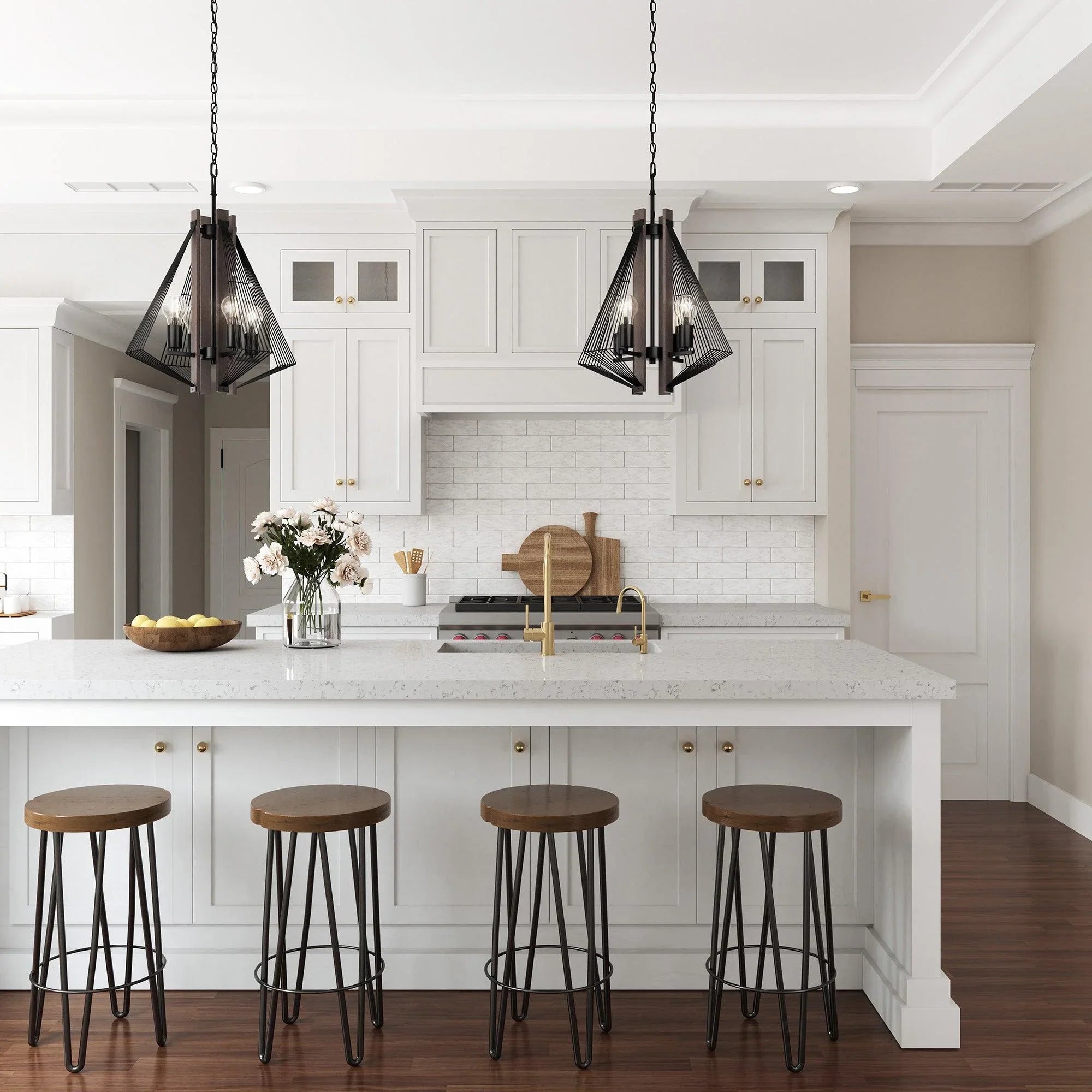 Lámpara colgante Zenith de 4 luces regulable en negro y madera