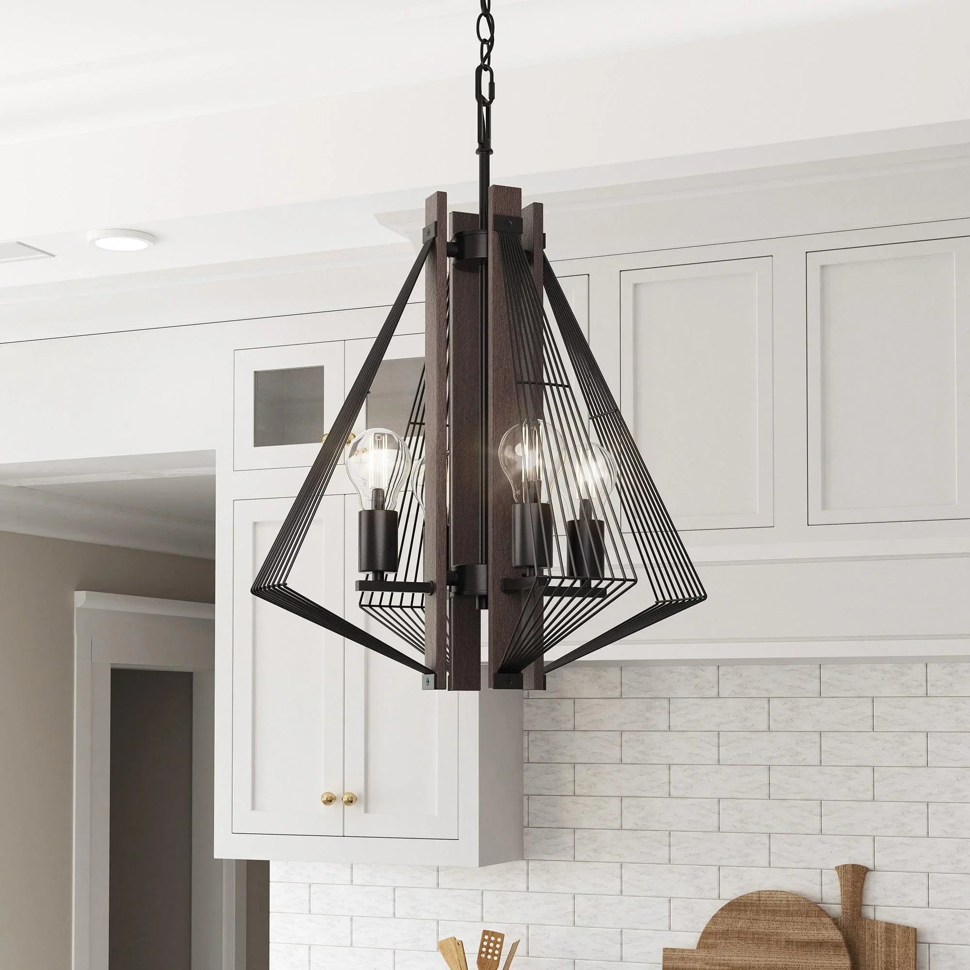 Zenith 4-Light Black & Wood Dimmable Island Pendant Light