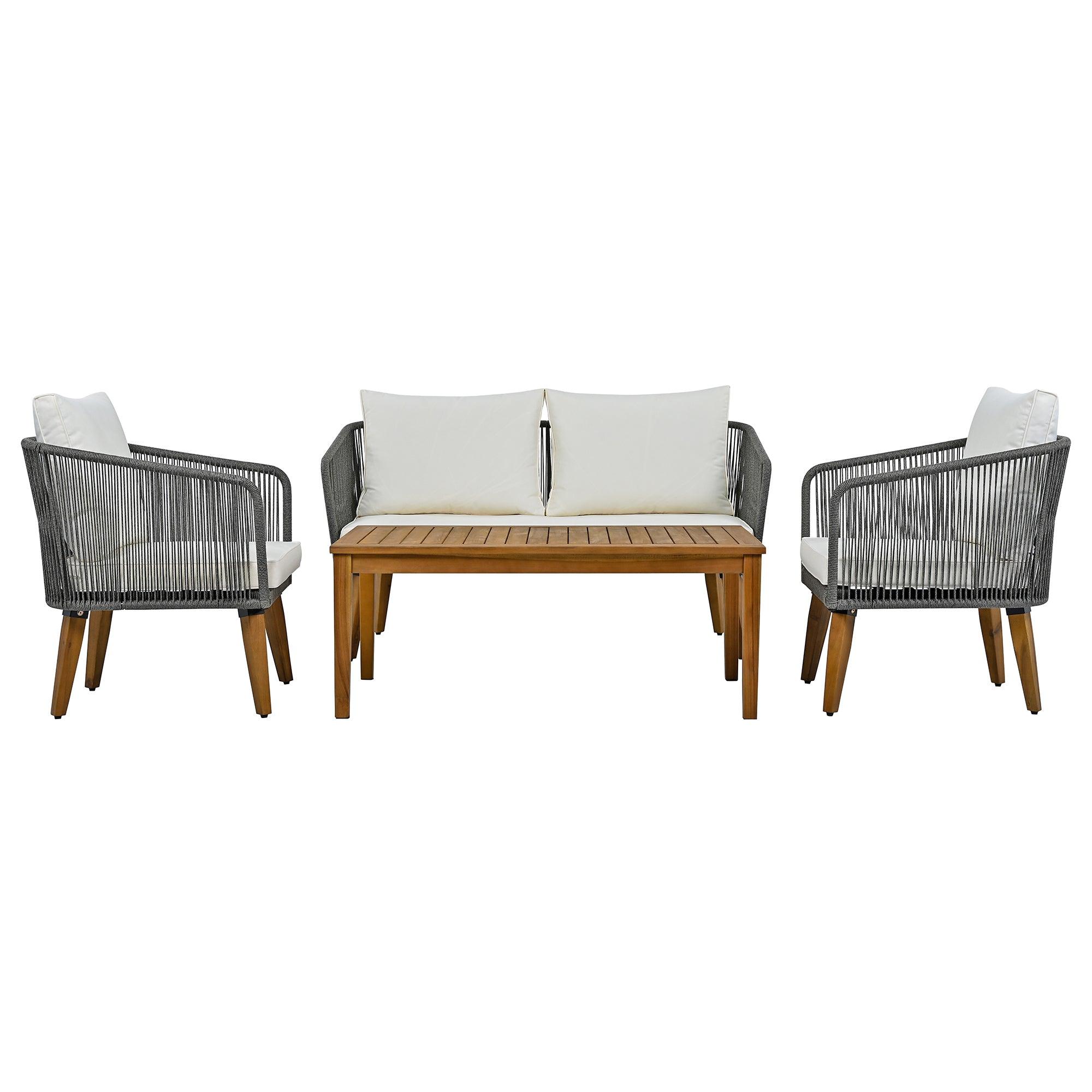 4 Pieces Outdoor Furniture Set with Loveseat, Patio Rope Conversation Set with Cushions for Backyard, Poolside, Garden