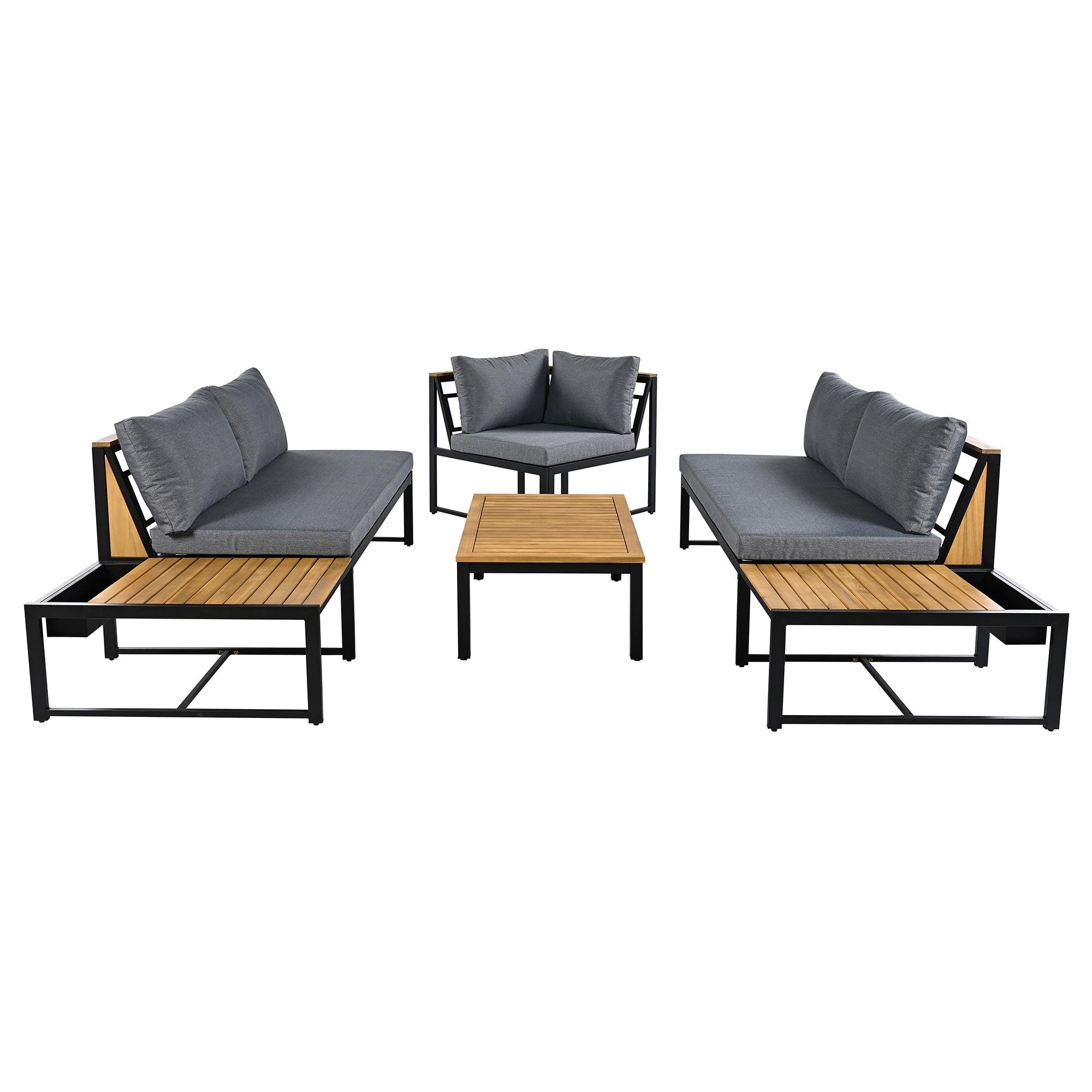 Juego de muebles de patio con sofás de dos plazas, 4 piezas de sofás de exterior con cojines impermeables, diseño duradero de hierro y madera para jardín, patio y piscina.