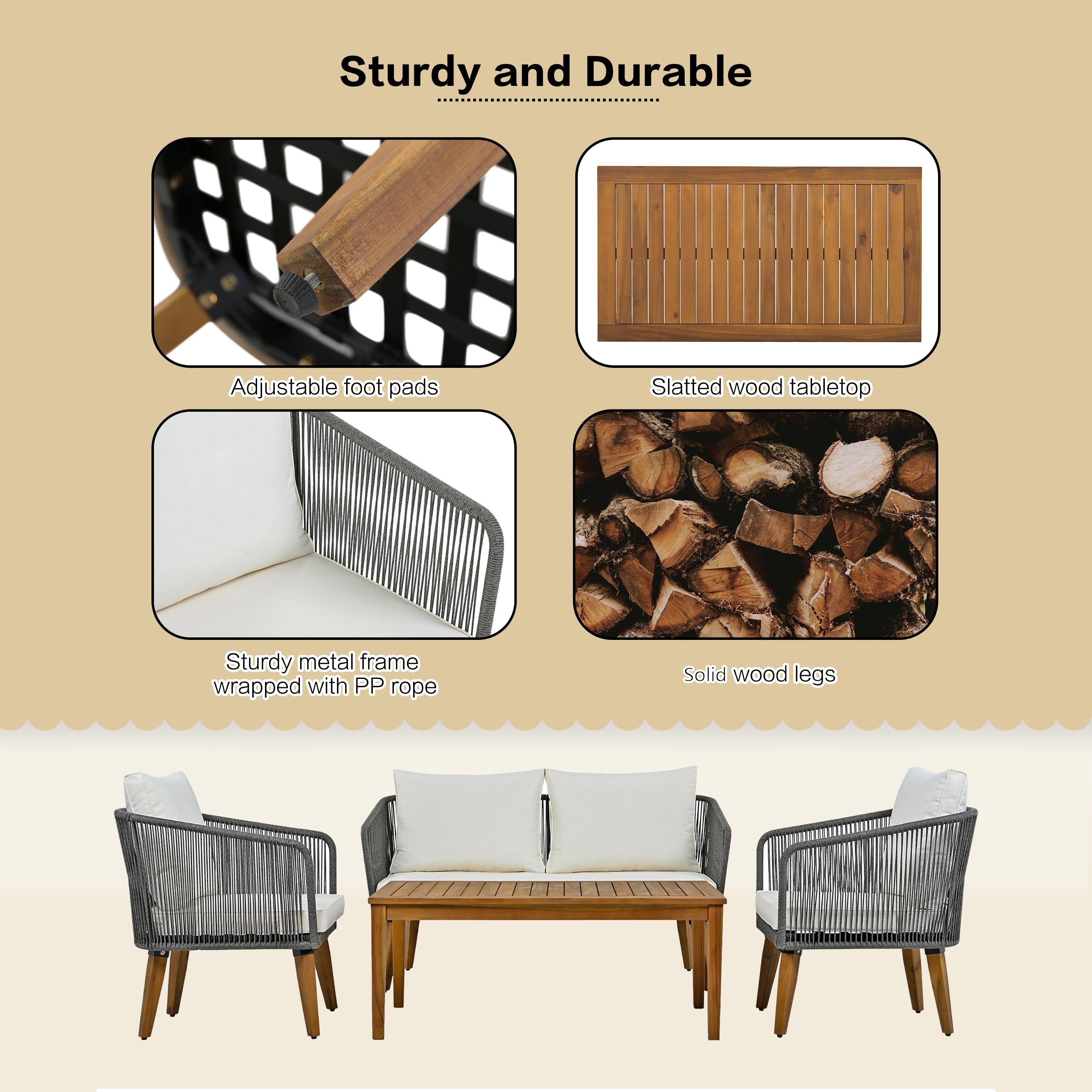 4 Pieces Outdoor Furniture Set with Loveseat, Patio Rope Conversation Set with Cushions for Backyard, Poolside, Garden