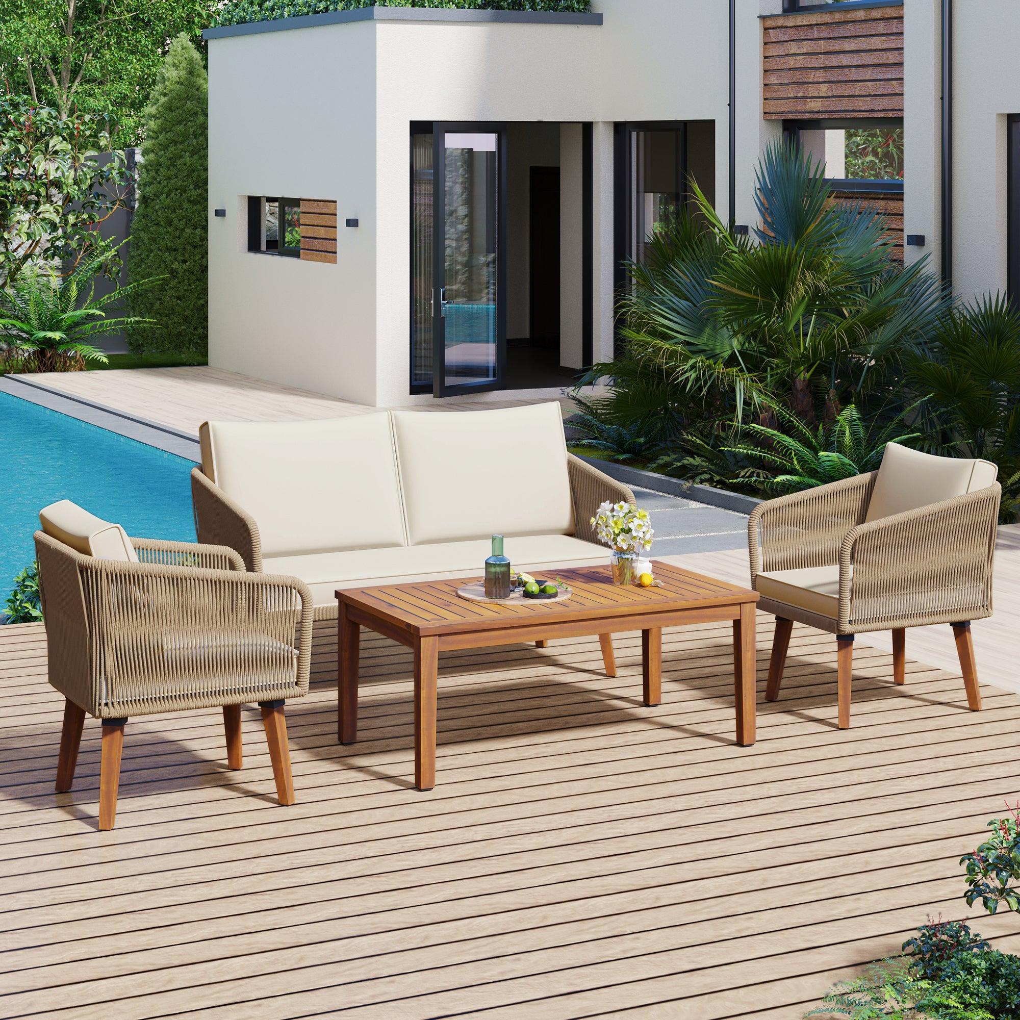 4 Pieces Outdoor Furniture Set with Loveseat, Patio Rope Conversation Set with Cushions for Backyard, Poolside, Garden