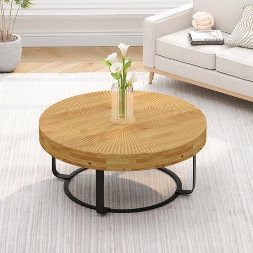 Mesa de centro redonda moderna de 31,5" con diseño tallado en madera y patas de metal para sala de estar, recepción, oficina, color dorado.
