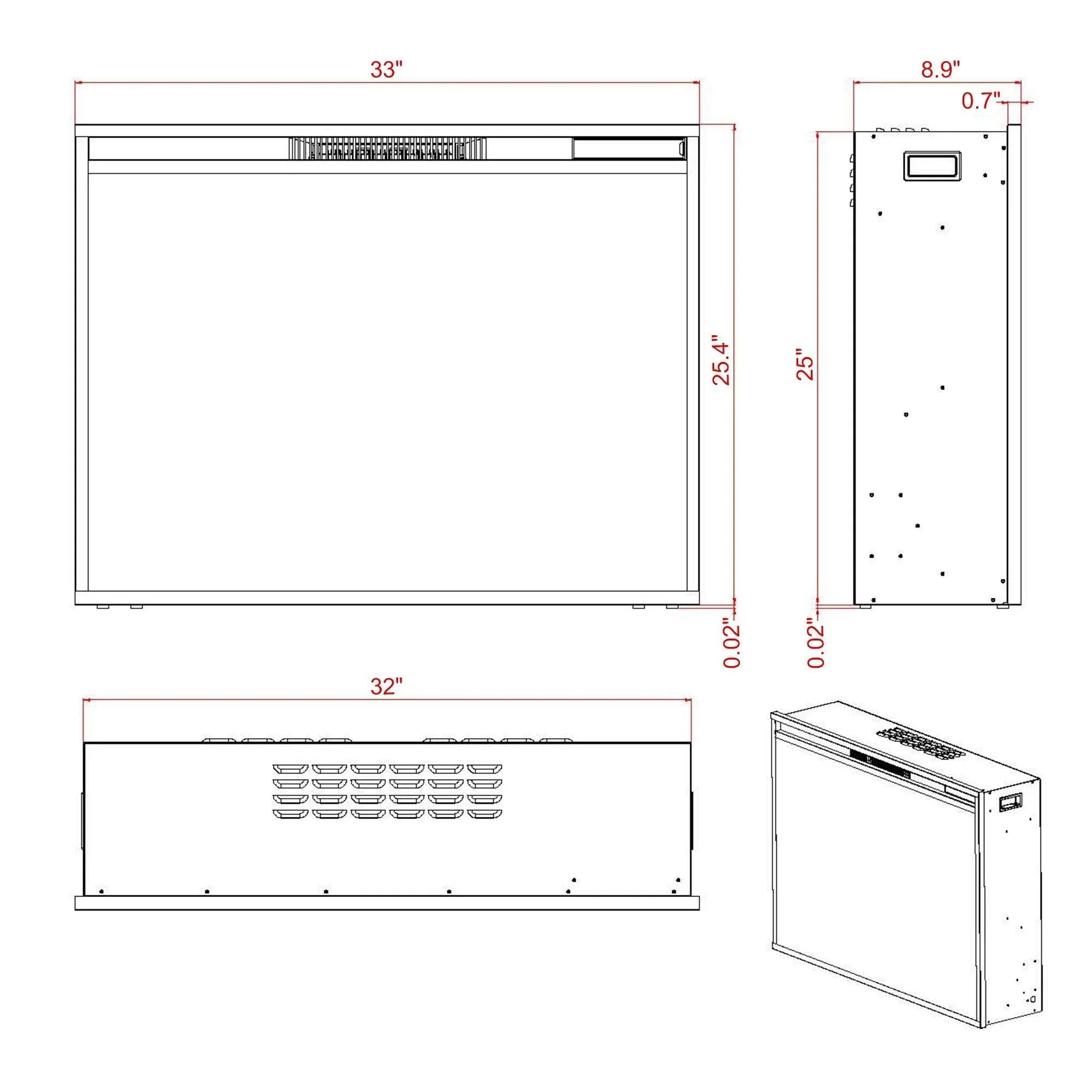 Black Electric Fireplace Heater Insert with Overheating Protection and Remote Control - ParrotUncle