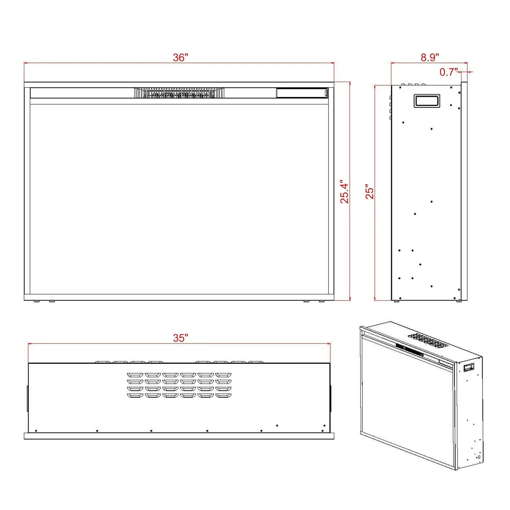 Black Electric Fireplace Heater Insert with Overheating Protection and Remote Control - ParrotUncle