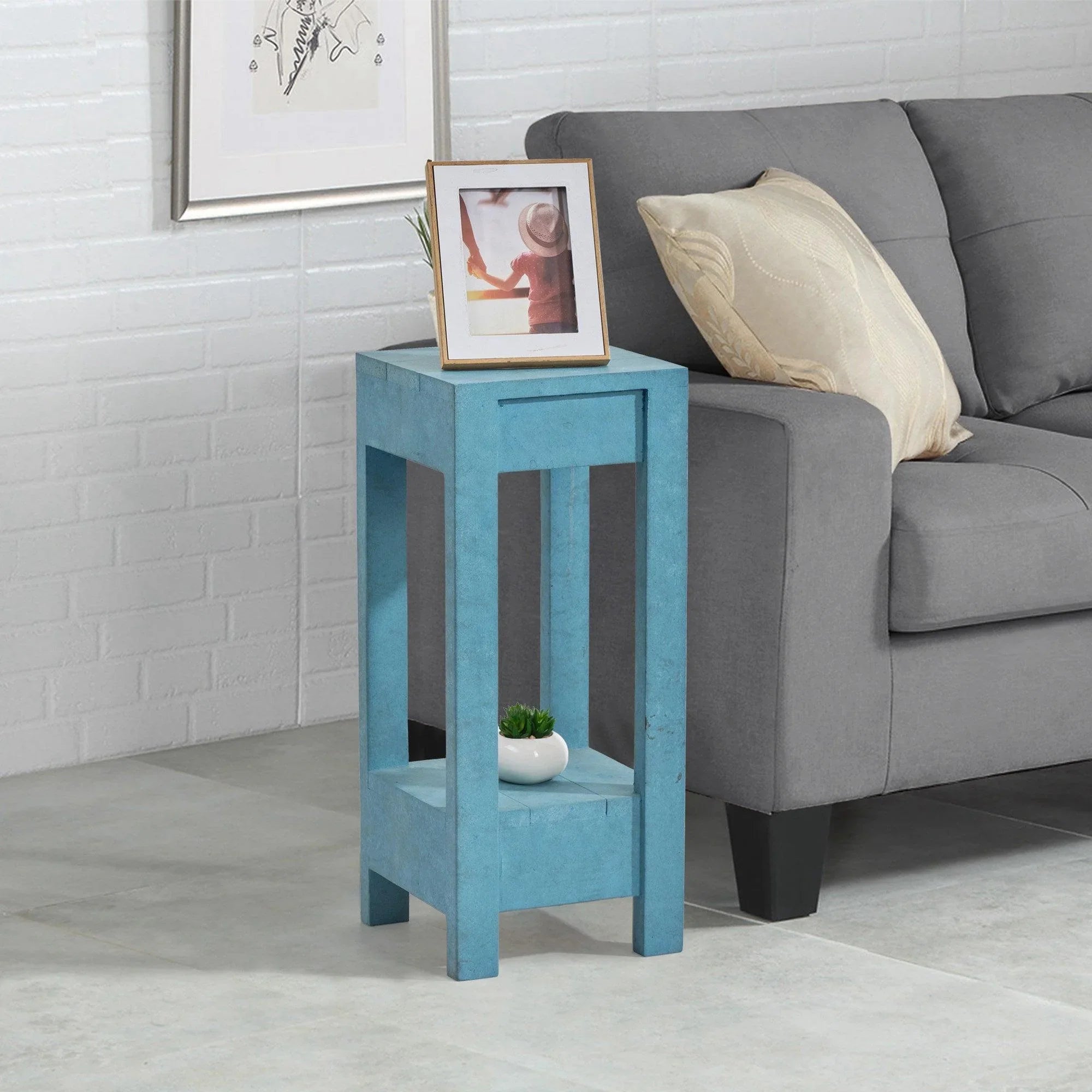 Blue Rectangle Wood Side Table - ParrotUncle