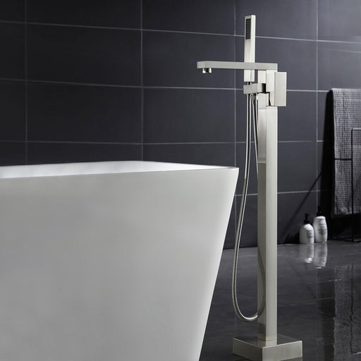 Bruch Nickel Finish Waterfall Floor Mounted Square Tub Filler with Hand Shower - ParrotUncle