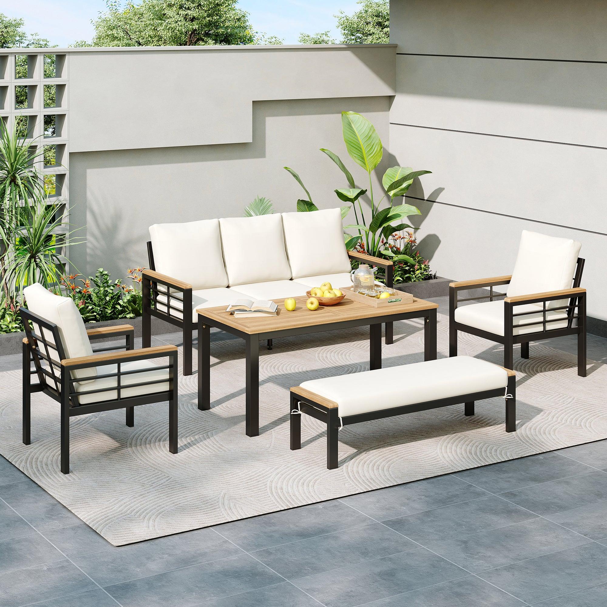 5 Pieces Outdoor Patio Conversation Set with 3-Seat Sofa, Cushions for Backyard, Poolside, Garden