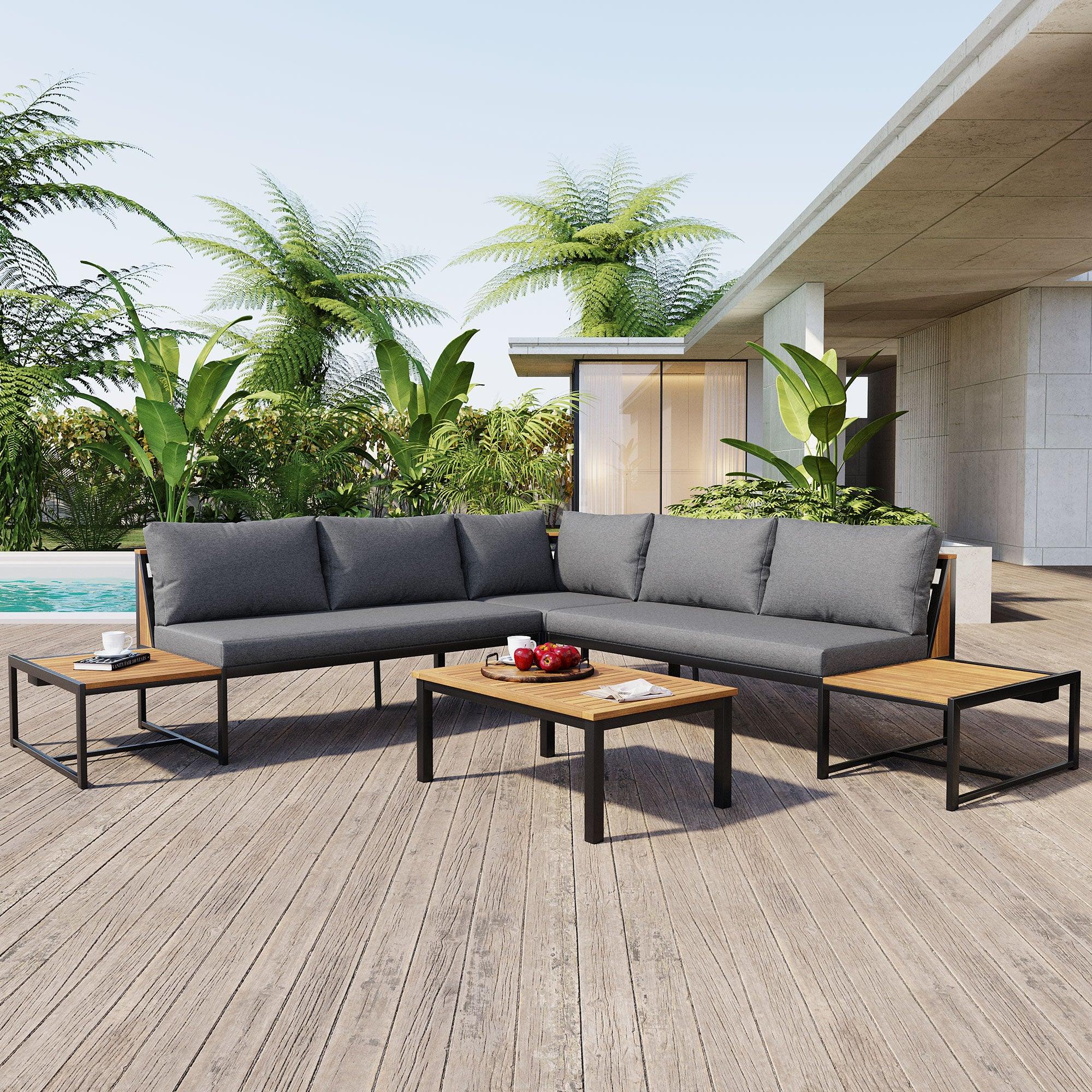 Juego de muebles de patio con sofás de dos plazas, 4 piezas de sofás de exterior con cojines impermeables, diseño duradero de hierro y madera para jardín, patio y piscina.