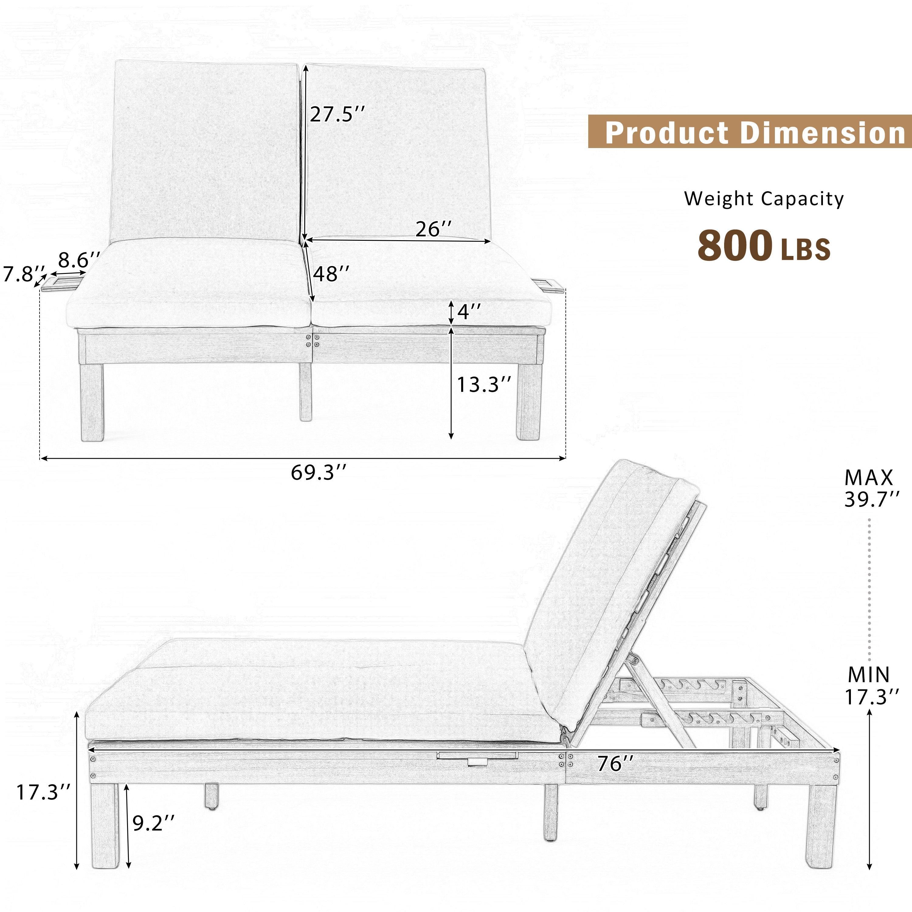 Chaise longue de exterior con respaldo ajustable en 5 posiciones, cojín y bandejas laterales plegables para 2 personas, ideal para jardín junto a la piscina.