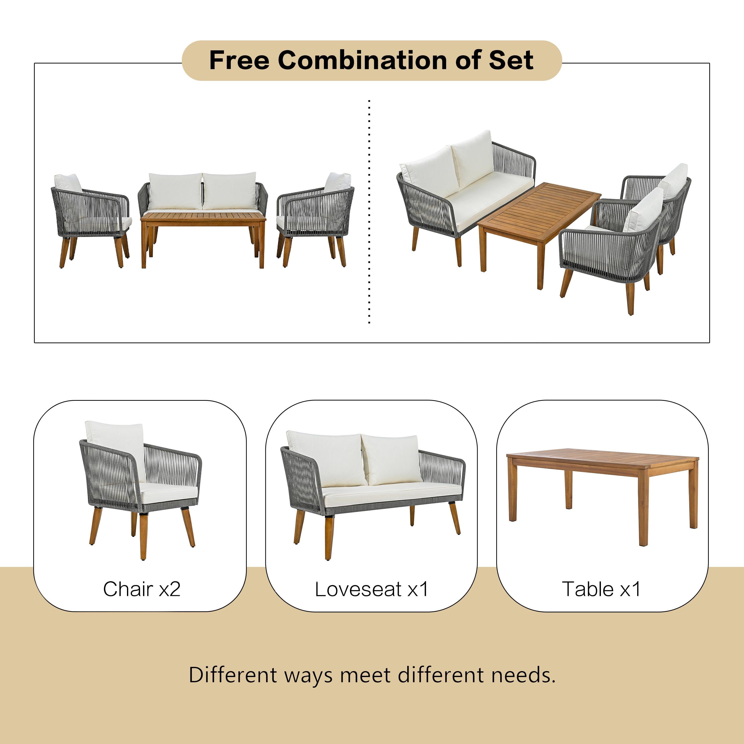 4 Pieces Outdoor Furniture Set with Loveseat, Patio Rope Conversation Set with Cushions for Backyard, Poolside, Garden