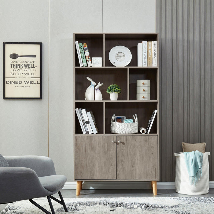 Gray Oak Bookcase Bookshelf with Doors - ParrotUncle