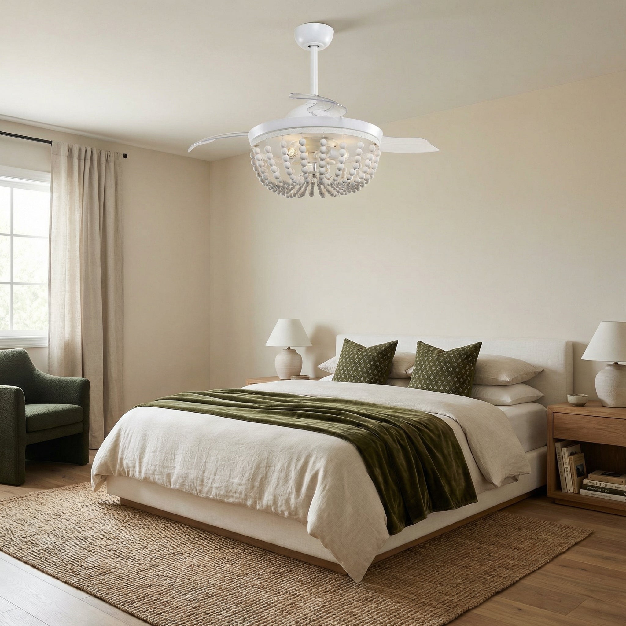 42" Huang Farmhouse Wooden Beads Ceiling Fan with Lighting