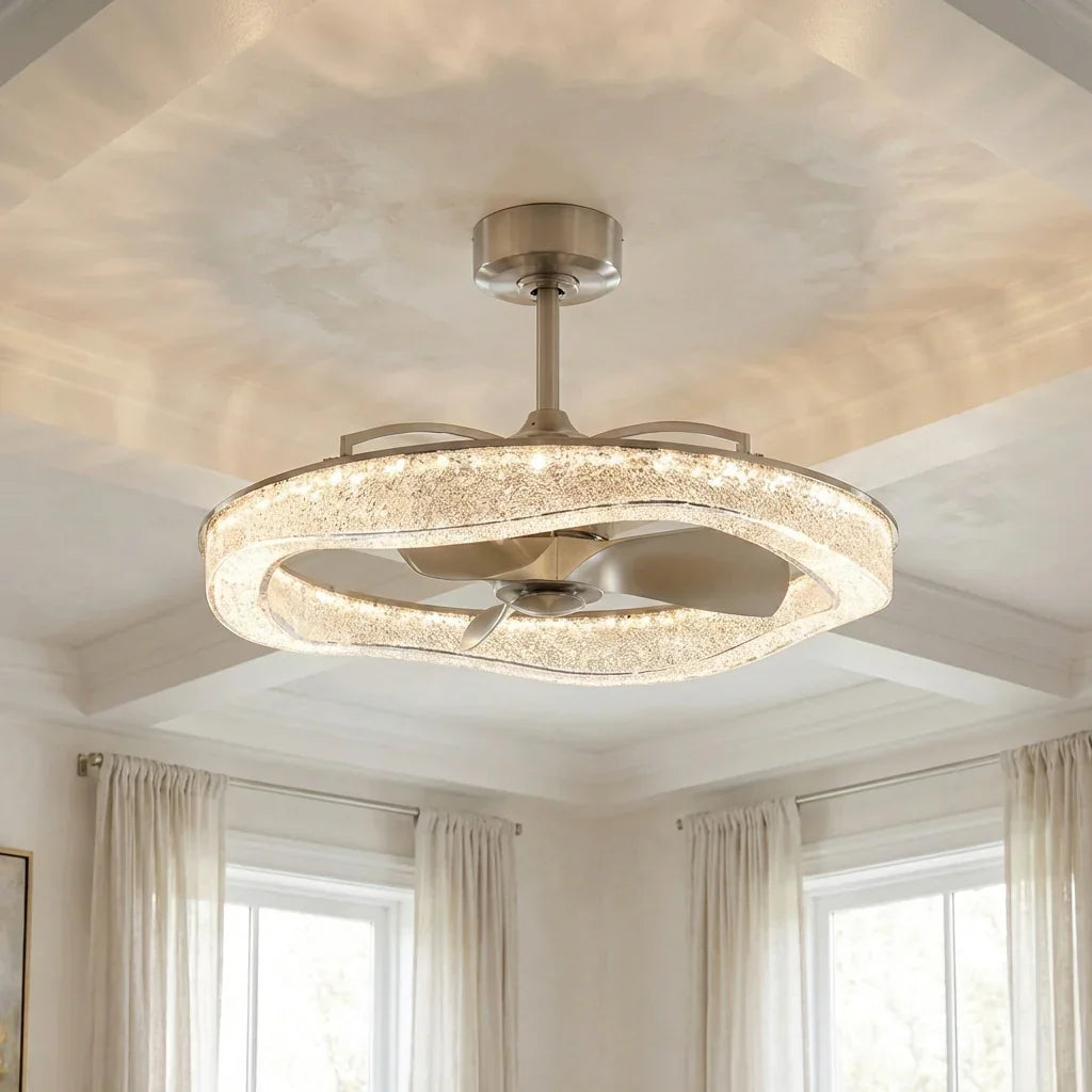 Perimost 33 Inch Satin Nickel Downrod Mount Luxury Fandelier with Light and Remote Control