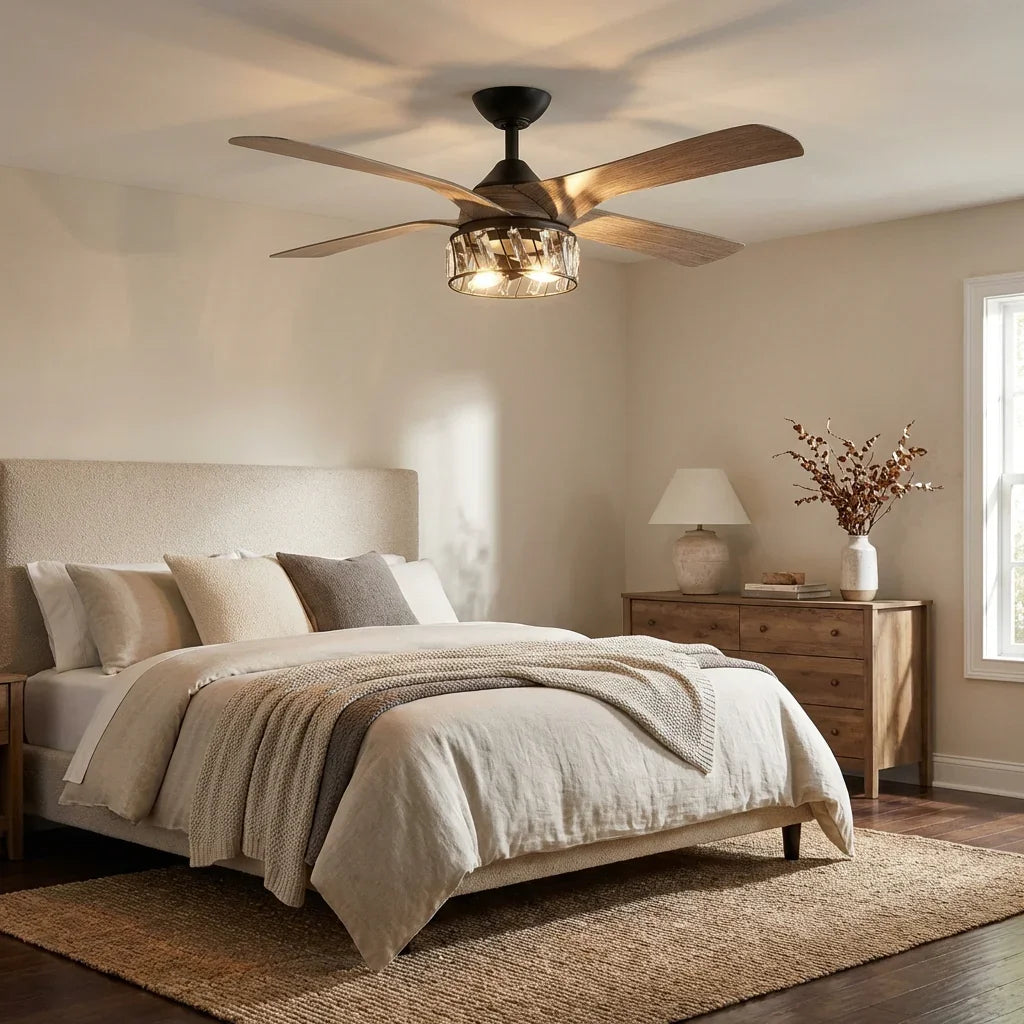 52" Tata Nagar Farmhouse Downrod Mount Reversible Crystal Ceiling Fan with Lighting and Remote Control