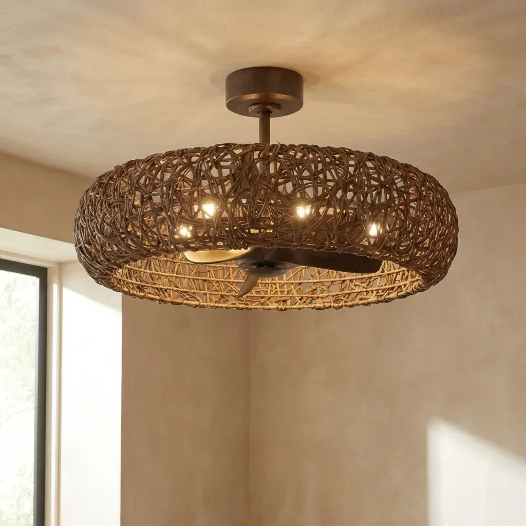 Perimost 35 Inch Golden Bronze Downrod Mount Luxury Fandelier with Light and Remote Control
