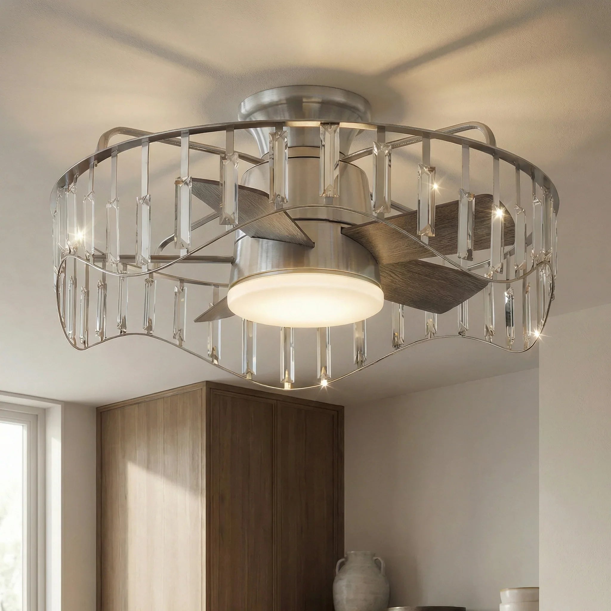 Ventilador de techo reversible de 27" con iluminación y control remoto, moderno, de níquel cepillado, con montaje empotrado