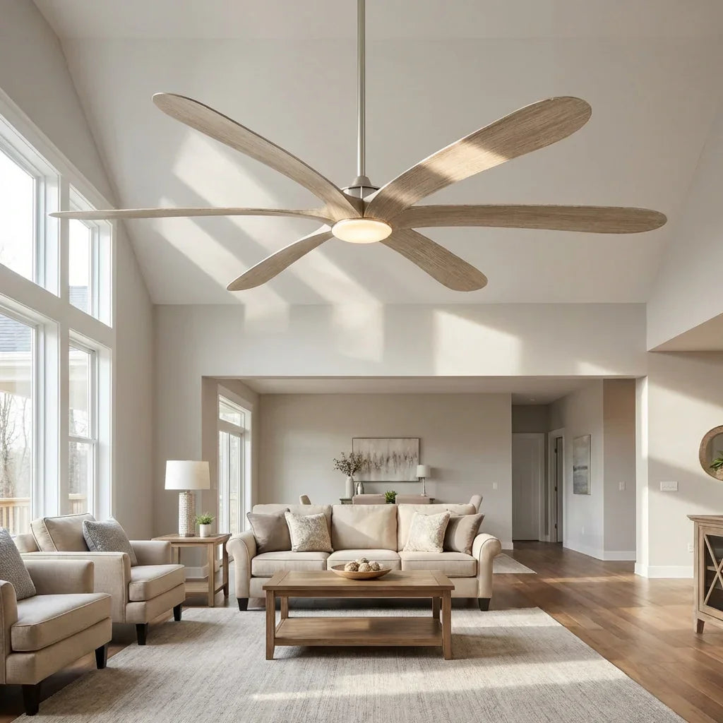 Ventilador de techo reversible Jaydn Farmhouse de 182 cm, con motor de CC, montaje en varilla, iluminación y control remoto.