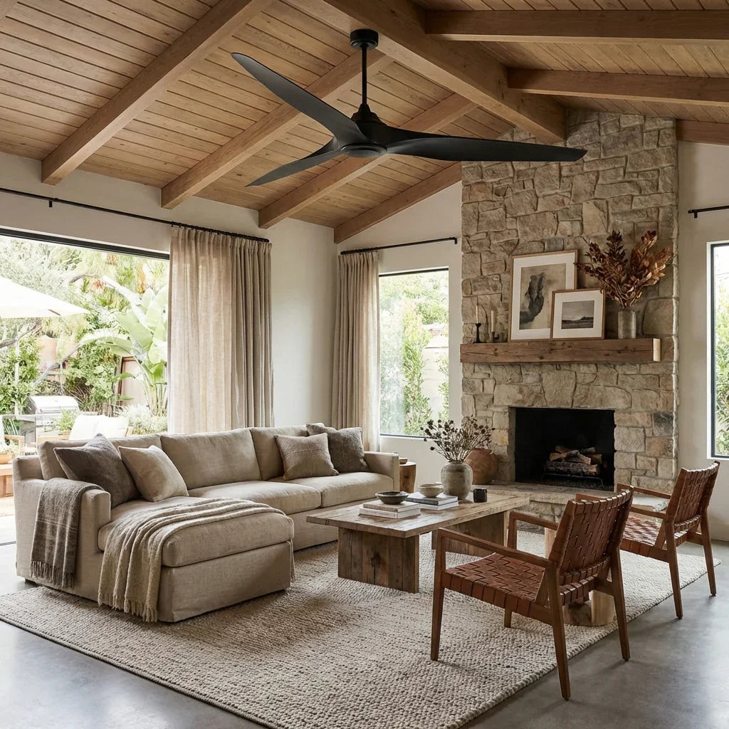 100 Inch Simon Black IP44 Outdoor Downrod Mount Ceiling Fan with Remote Control