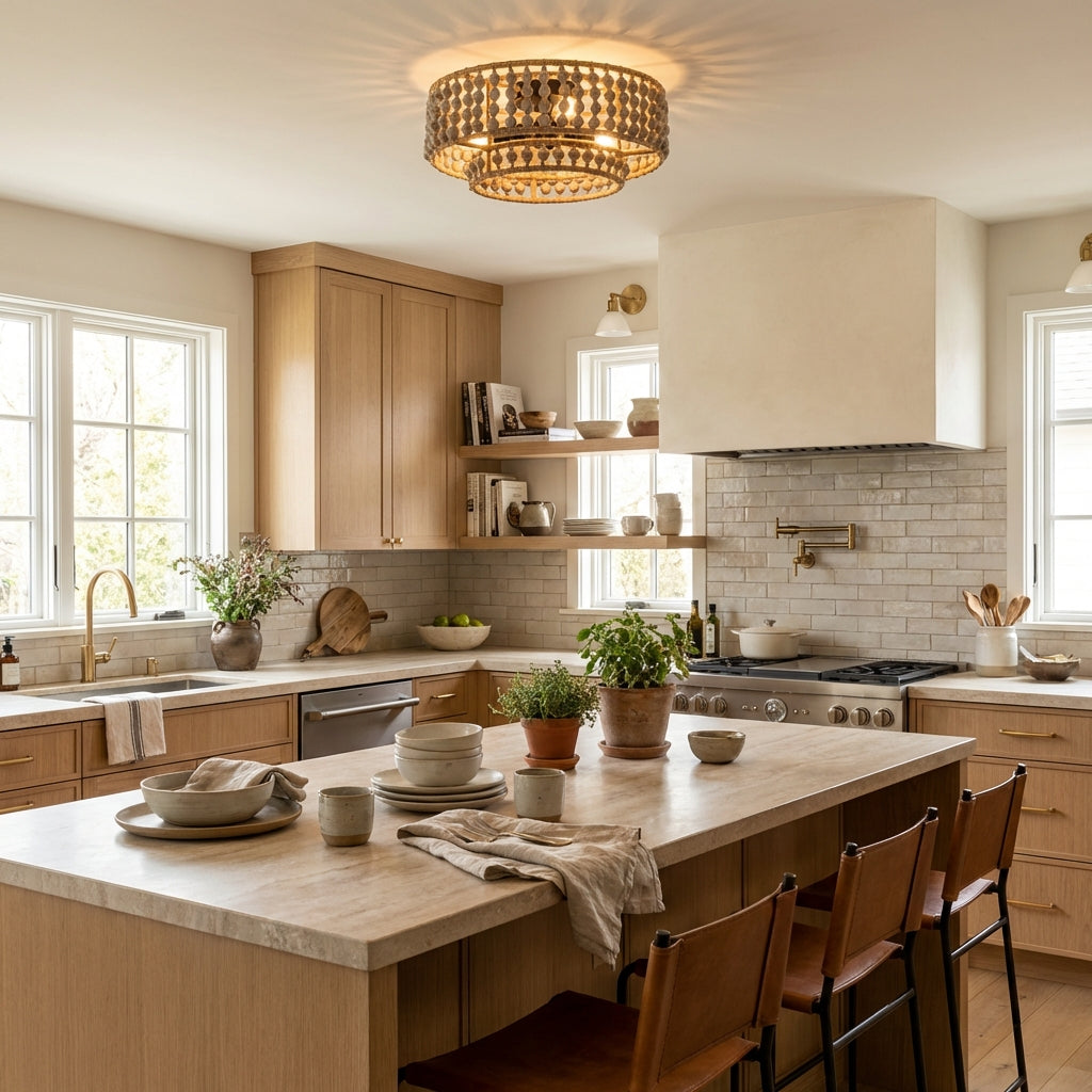 Farmhouse 3-Light Wood Beaded Flush Mount Ceiling Lights