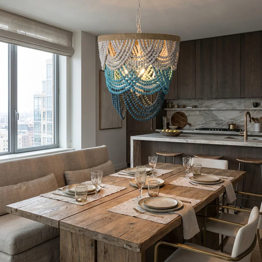 Lámpara de araña Hatfield de 4 luces estilo bohemio con cuentas de madera