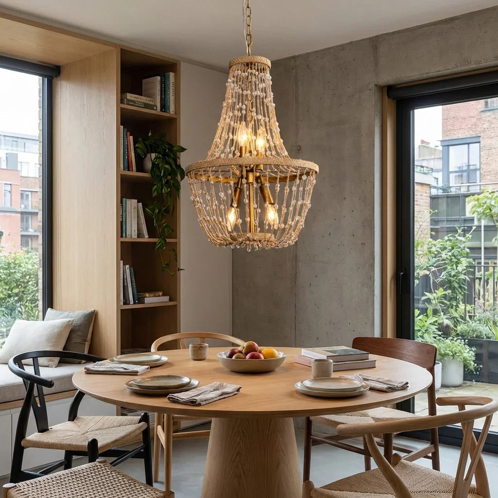 Lámpara de araña moderna de 4 luces con canasta de cuentas de madera desgastada