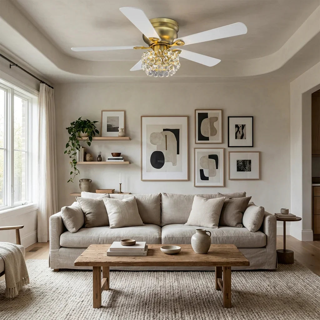 48 Inch Soft Brass Crystal Ornament Flush Mount Ceiling Fan with Light and Remote Control