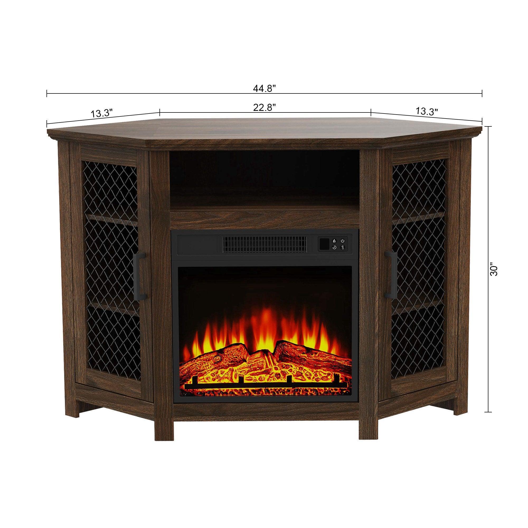 Parrot Uncle Furniture 45" Corner Electric Fireplace TV Stands Console Table with 2 Metal Mesh Doors - ParrotUncle