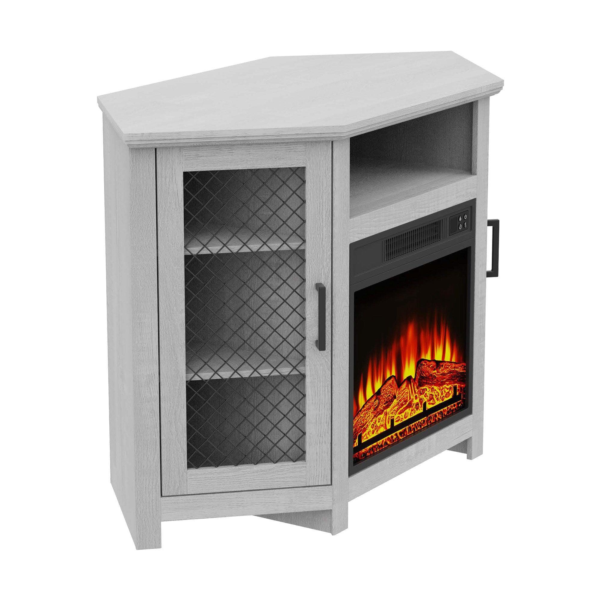 Parrot Uncle Furniture 45" Corner Electric Fireplace TV Stands Console Table with 2 Metal Mesh Doors - ParrotUncle