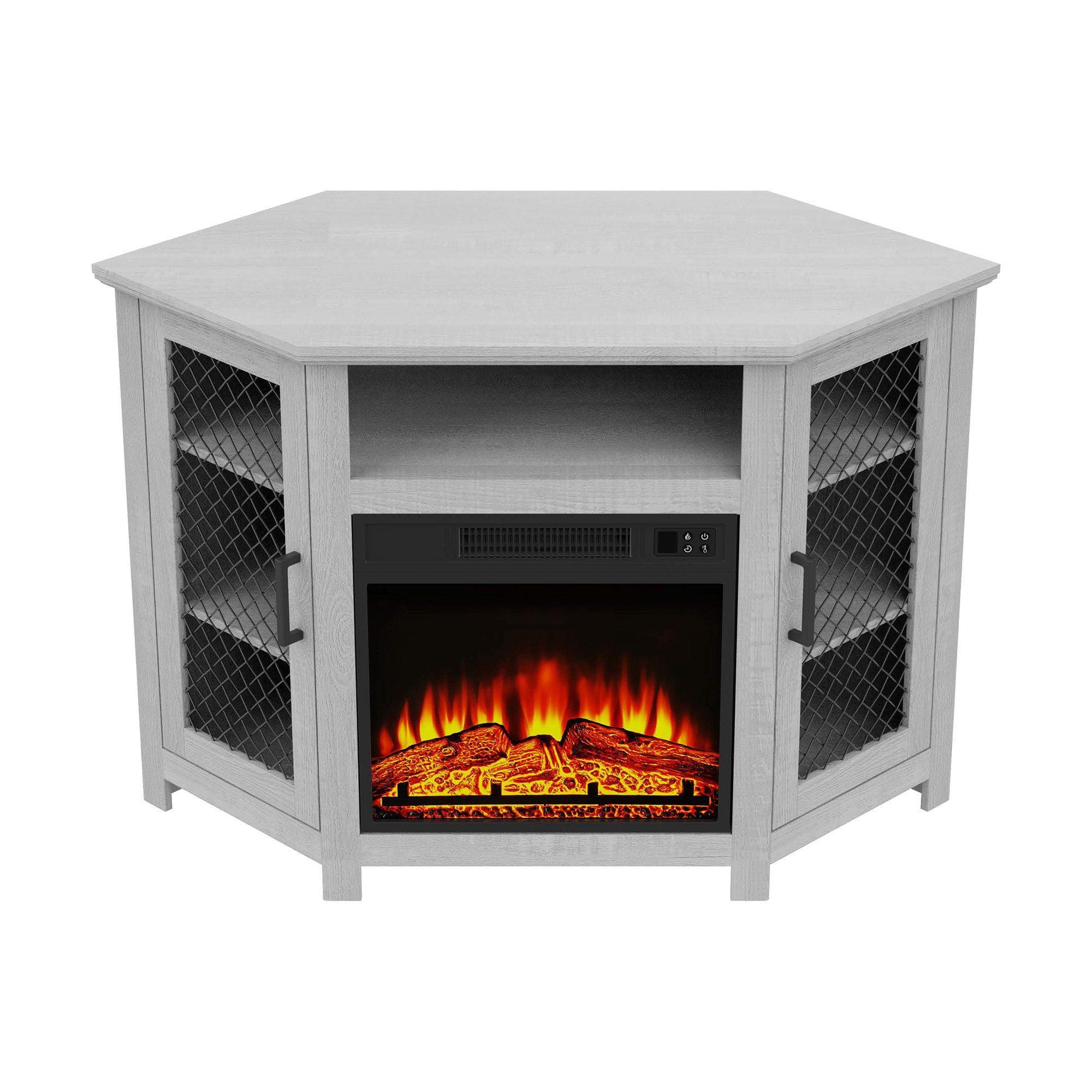 Parrot Uncle Furniture 45" Corner Electric Fireplace TV Stands Console Table with 2 Metal Mesh Doors - ParrotUncle